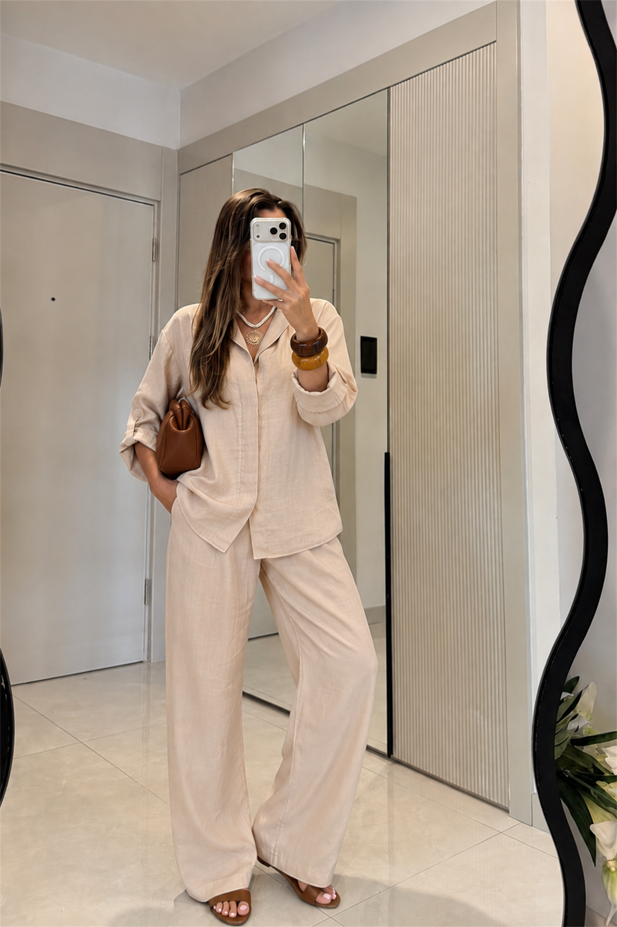 Isadora Krem Tensel Gömlek Pantolon Takım