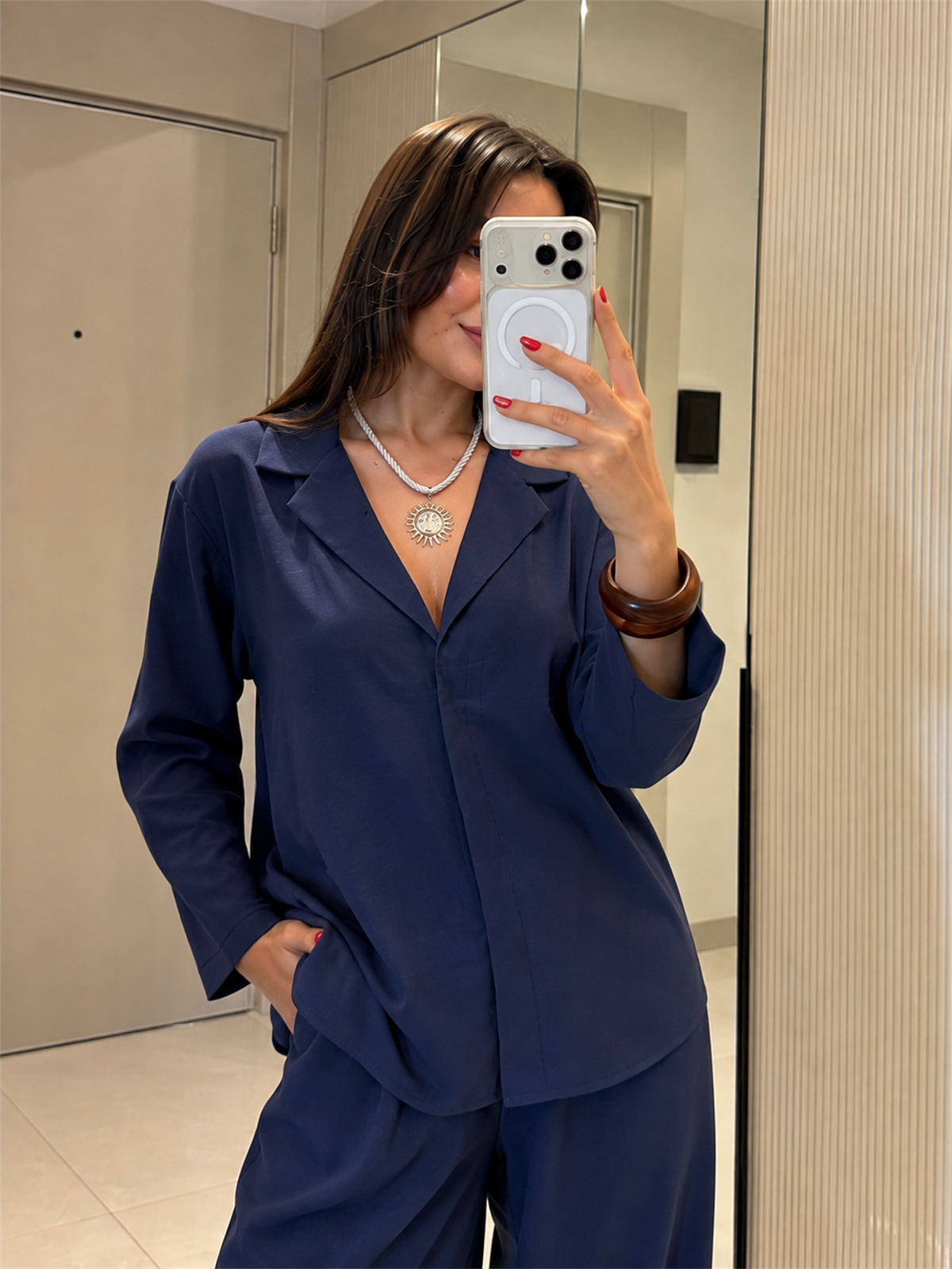 Isadora Lacivert Tensel Gömlek Pantolon Takım