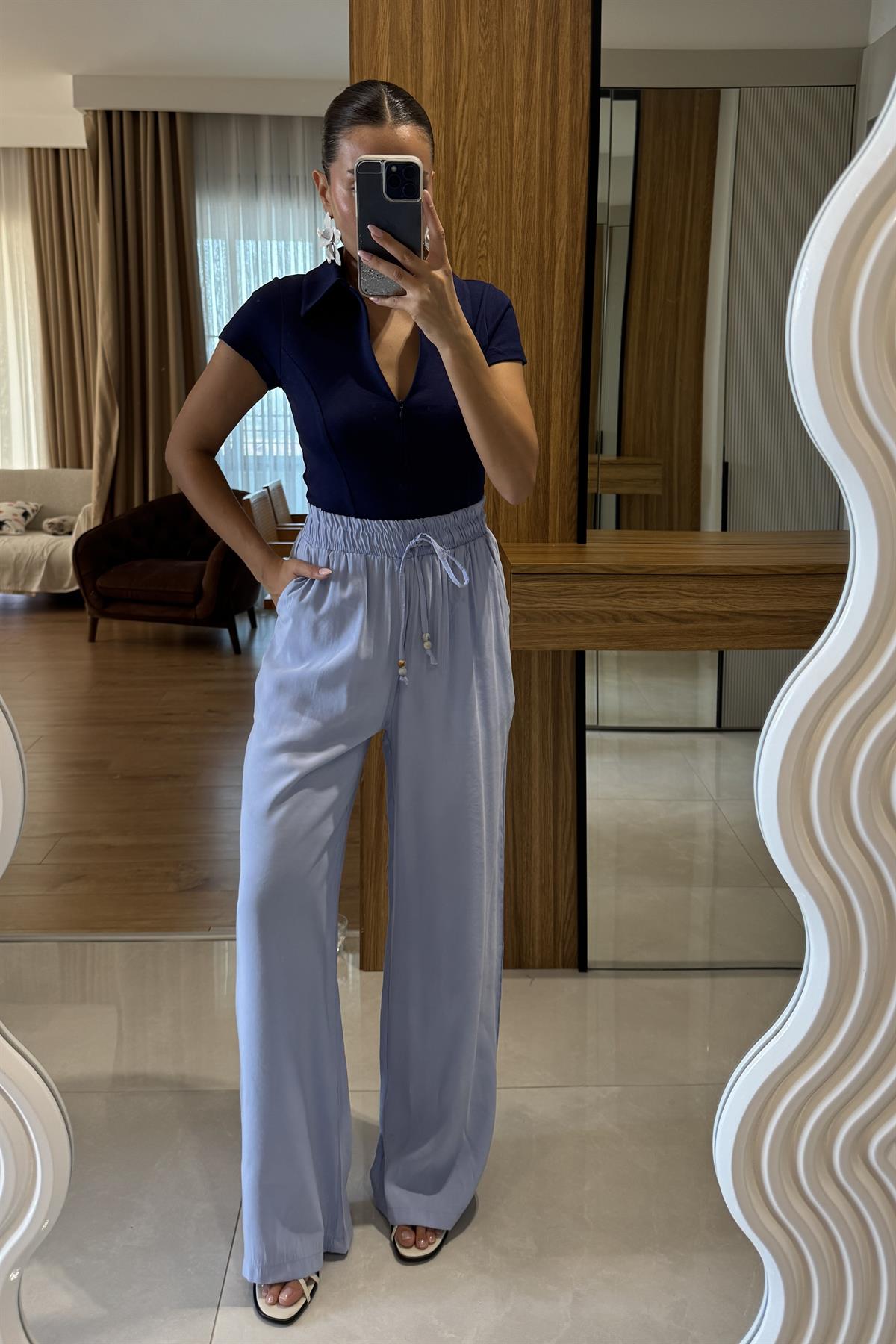 Iselya Mavi Yüksek Bel Salaş Pantolon