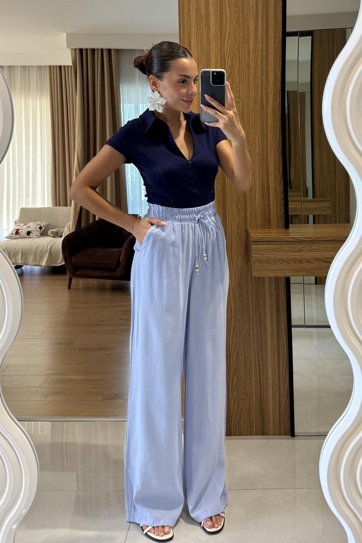 Iselya Mavi Yüksek Bel Salaş Pantolon