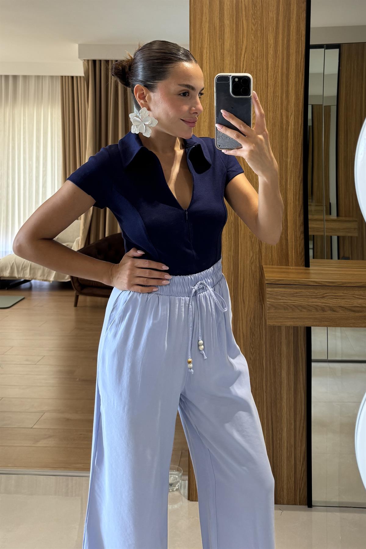 Iselya Mavi Yüksek Bel Salaş Pantolon