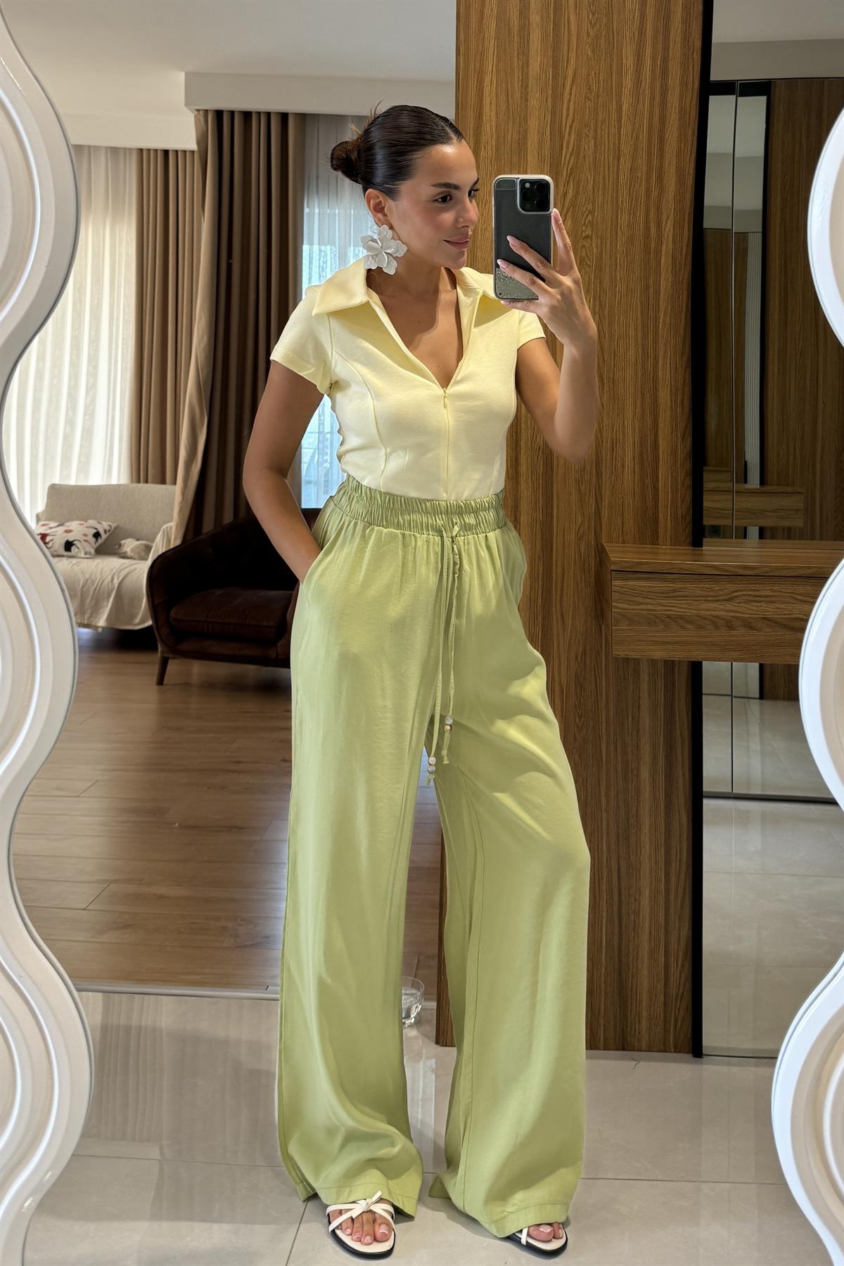 Iselya Yeşil Yüksek Bel Salaş Pantolon