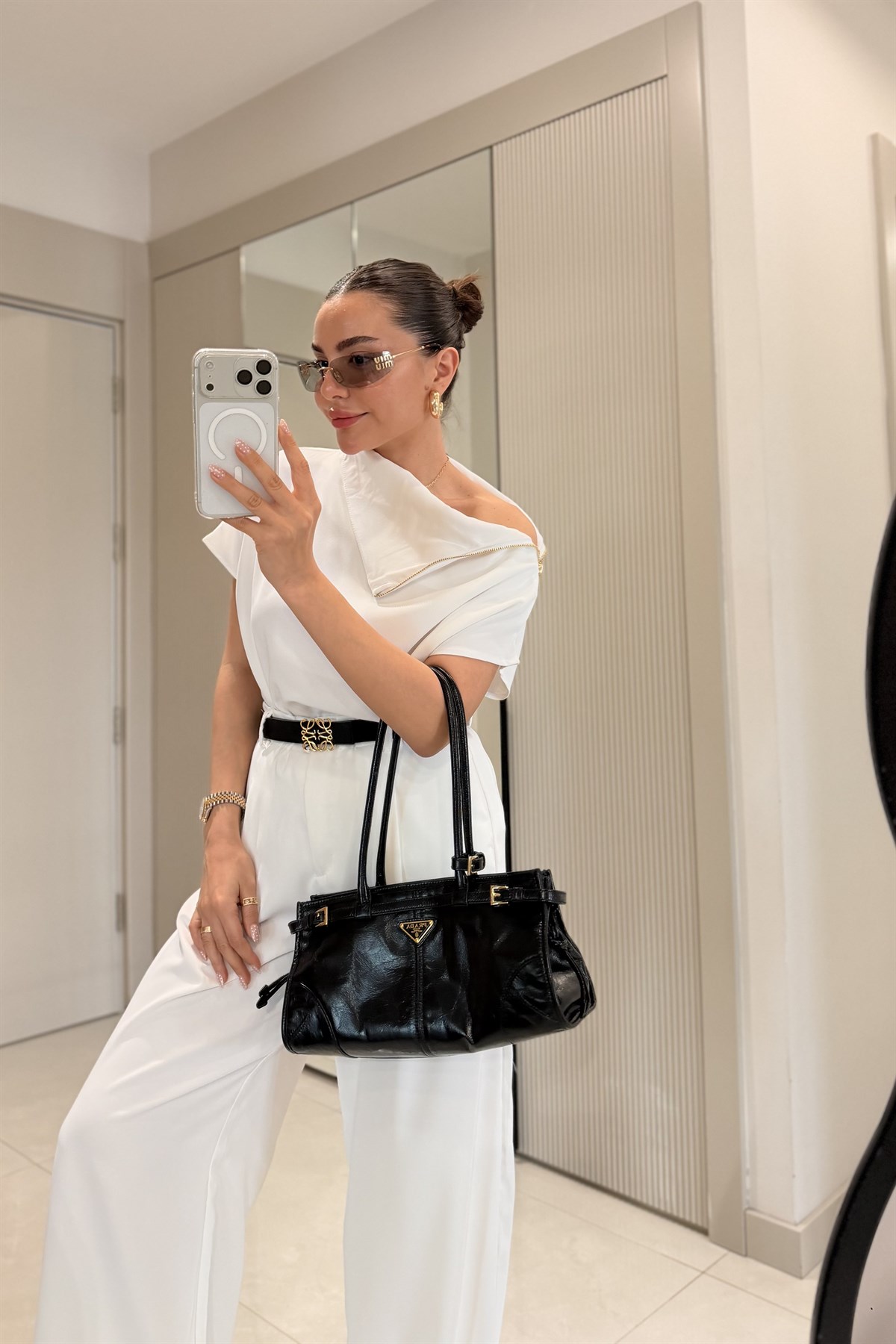 Islana Beyaz Fermuar Detaylı Bluz Palazzo Pantolon Takım