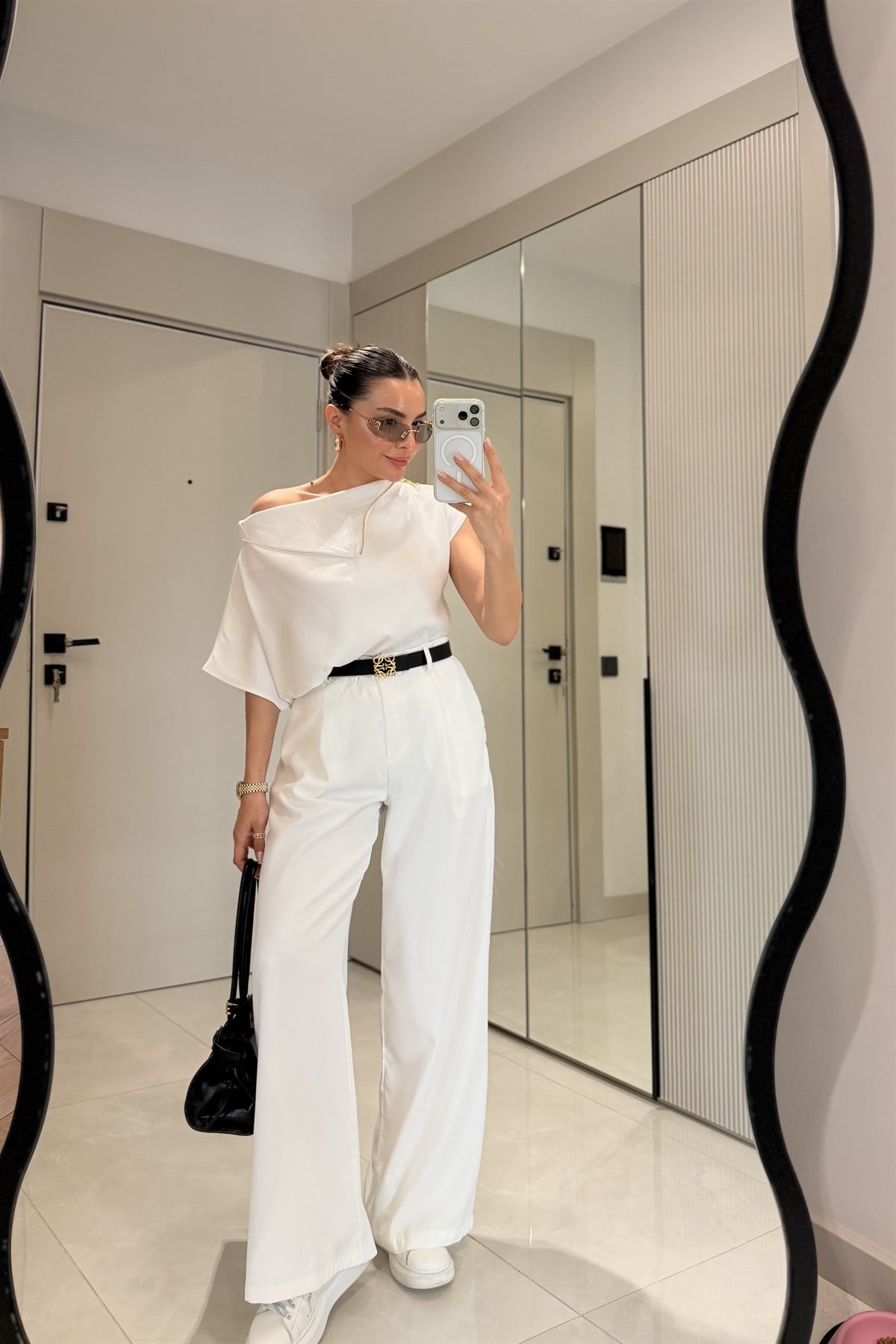 Islana Beyaz Fermuar Detaylı Bluz Palazzo Pantolon Takım