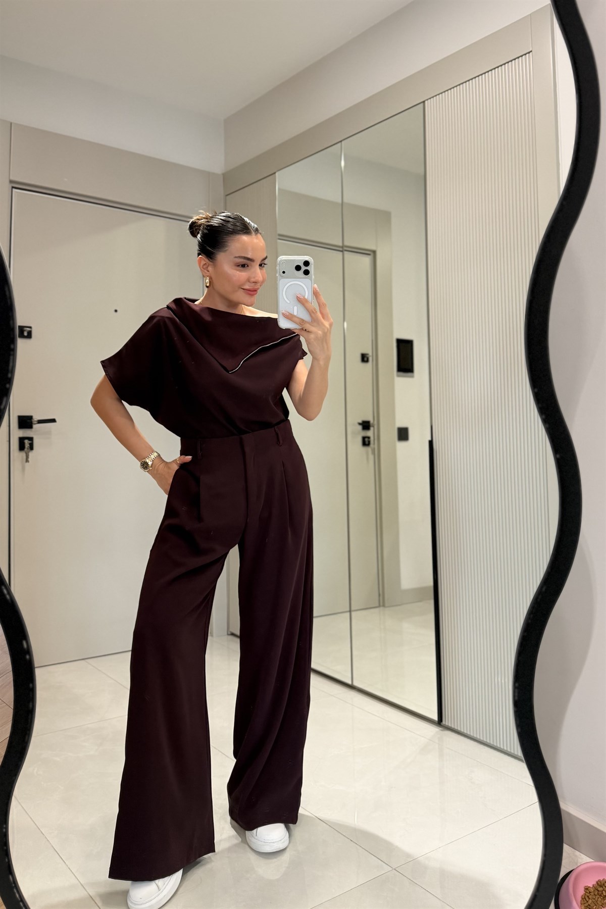 Islana Bordo Fermuar Detaylı Bluz Palazzo Pantolon Takım