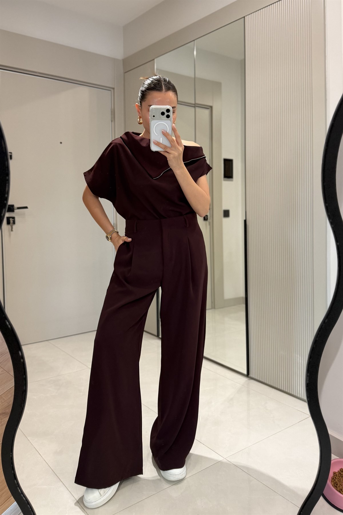 Islana Bordo Fermuar Detaylı Bluz Palazzo Pantolon Takım