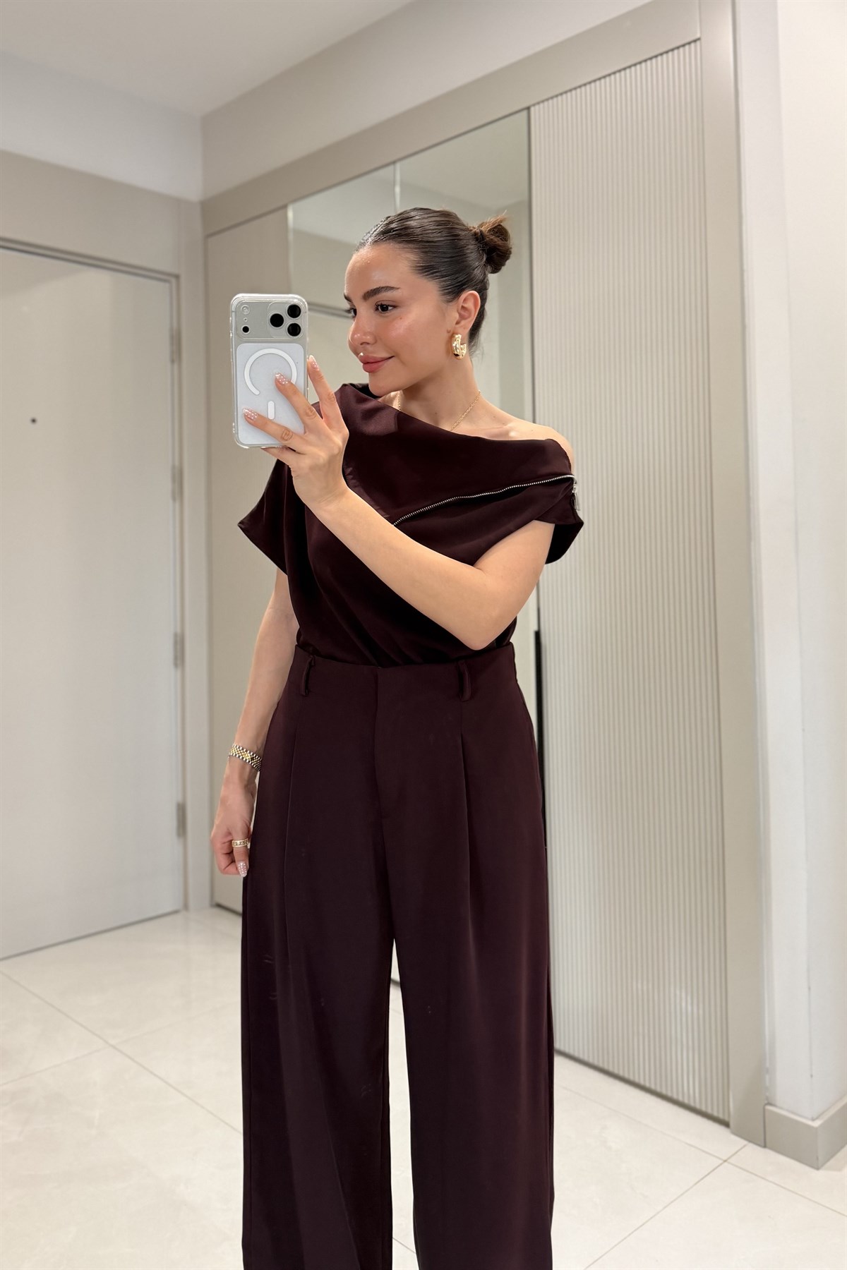 Islana Bordo Fermuar Detaylı Bluz Palazzo Pantolon Takım