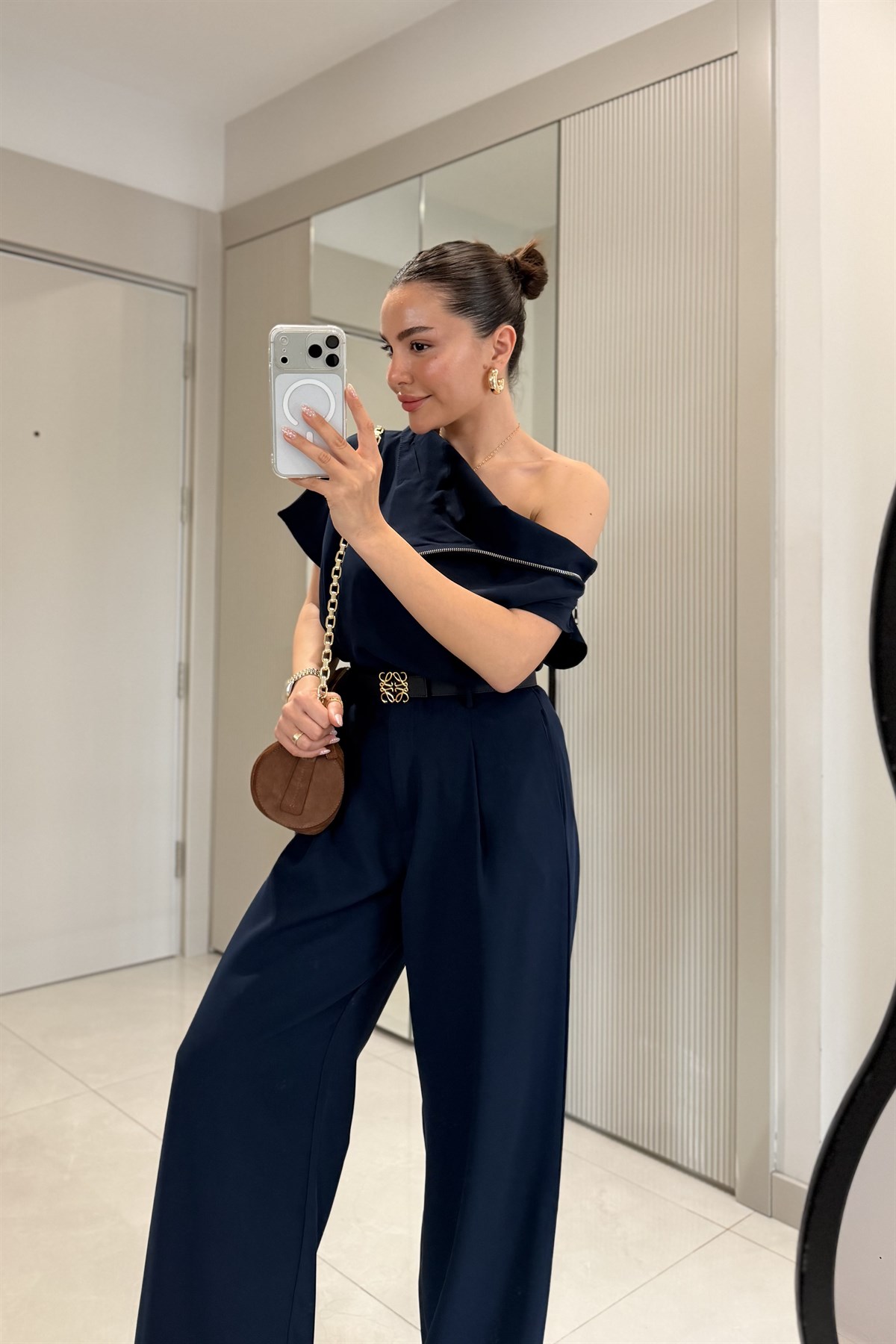 Islana Lacivert Fermuar Detaylı Bluz Palazzo Pantolon Takım