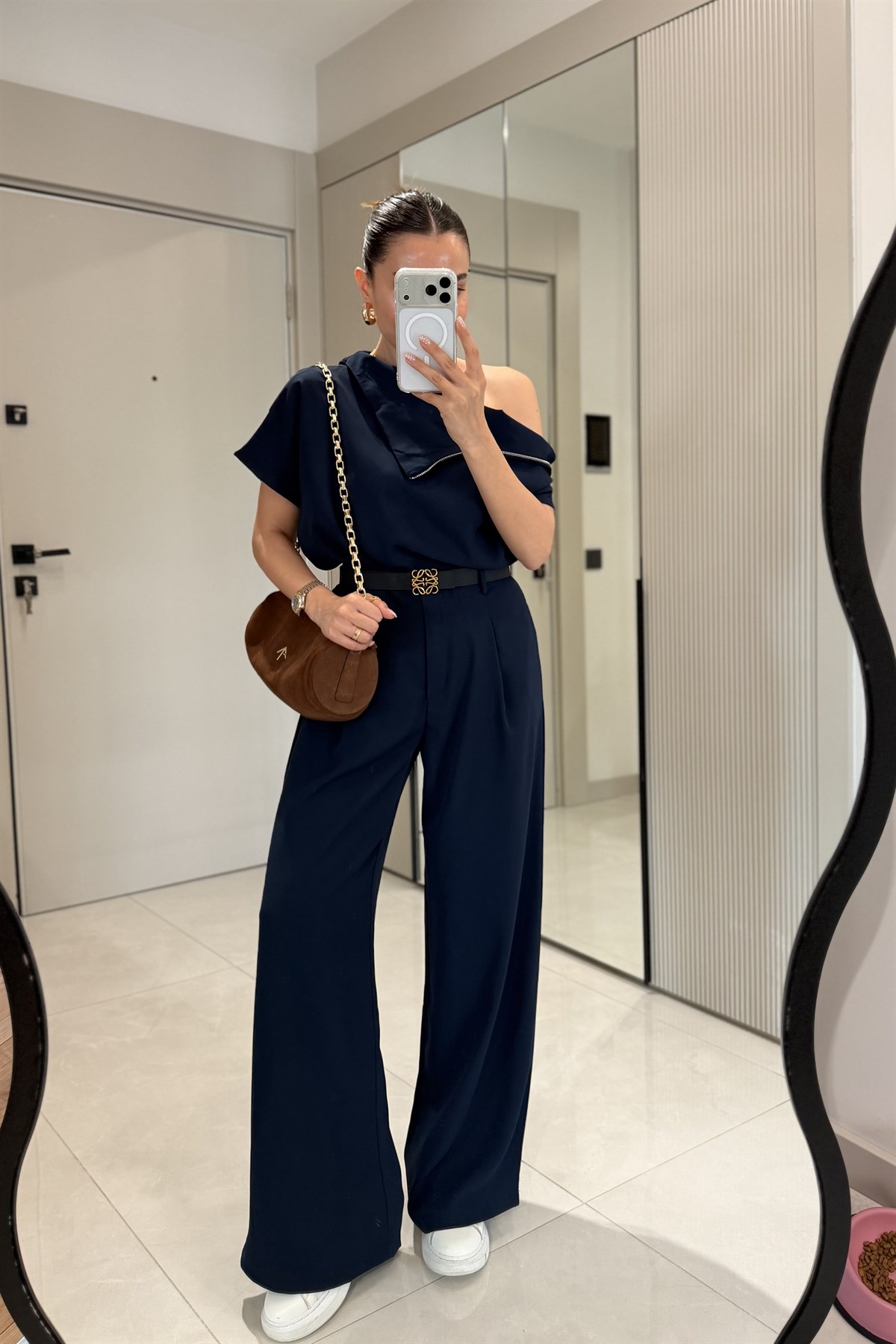 Islana Lacivert Fermuar Detaylı Bluz Palazzo Pantolon Takım