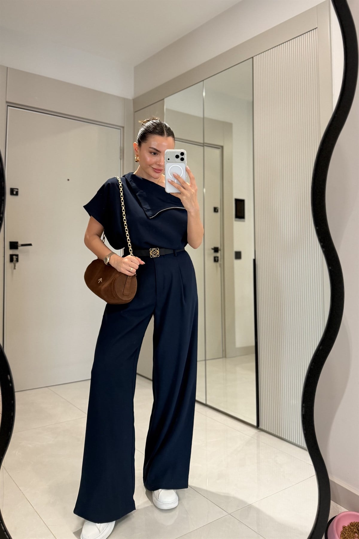 Islana Lacivert Fermuar Detaylı Bluz Palazzo Pantolon Takım