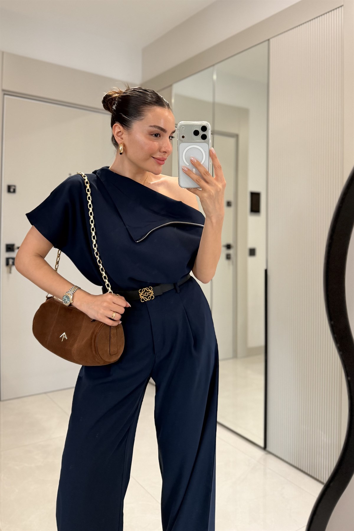 Islana Lacivert Fermuar Detaylı Bluz Palazzo Pantolon Takım