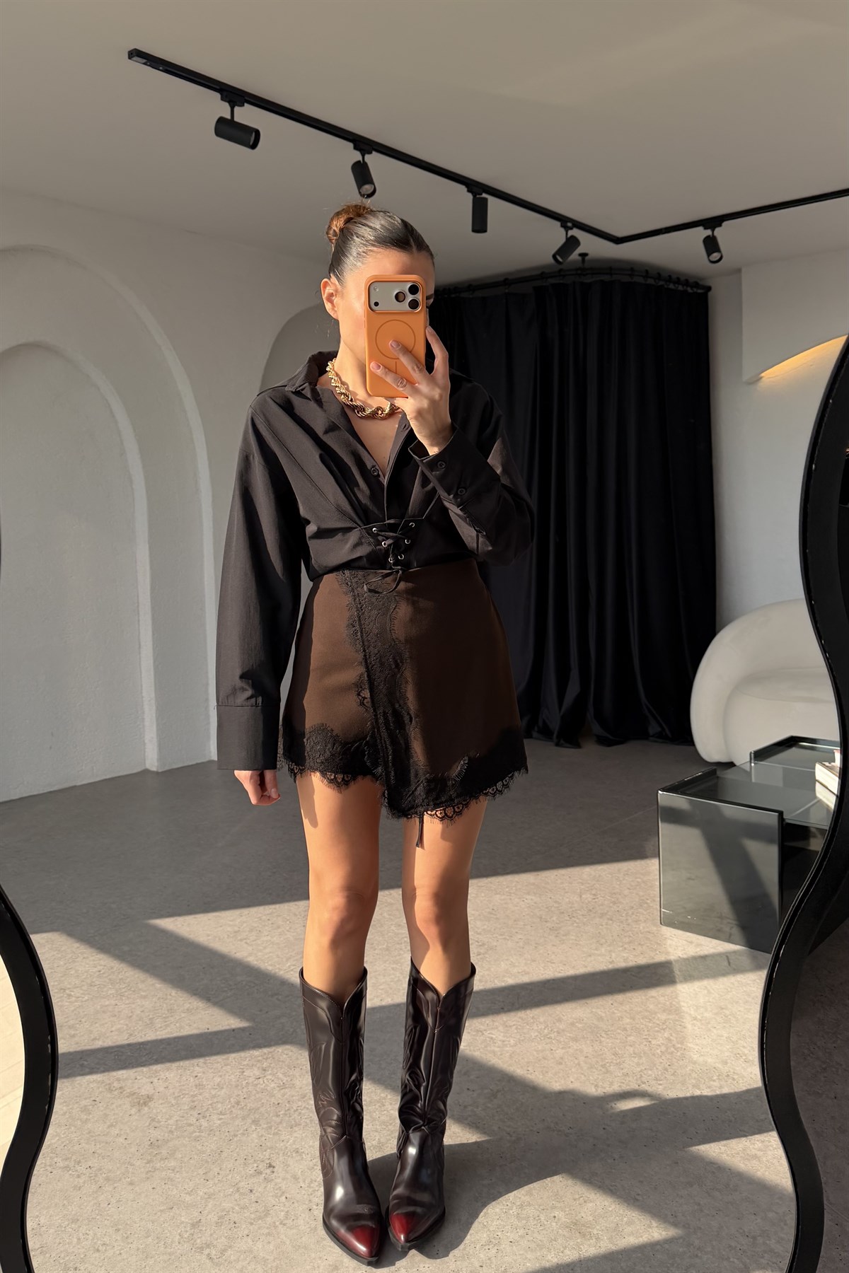 İwani Kahve Dantel Detaylı Şort  Etek