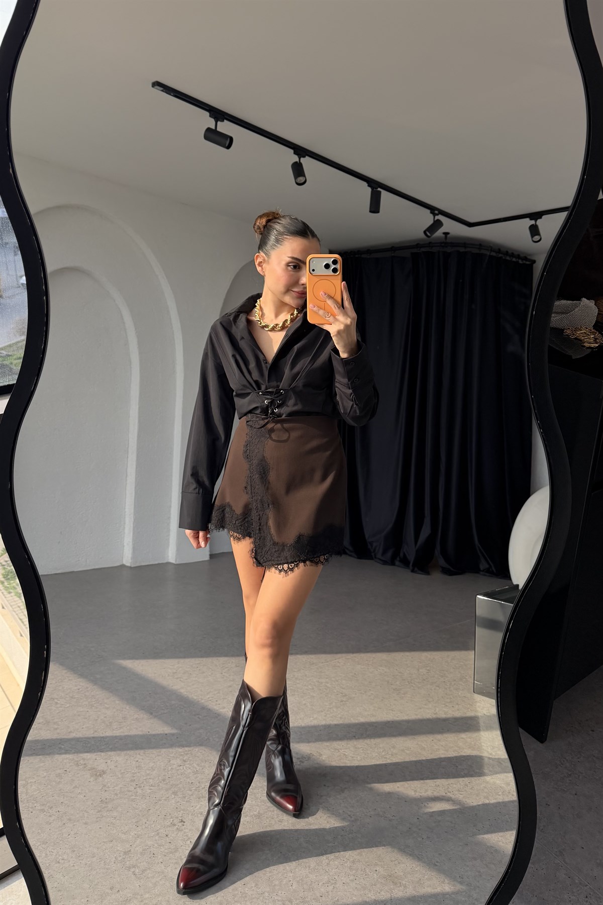 İwani Kahve Dantel Detaylı Şort  Etek