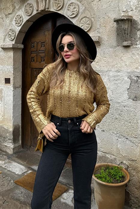 Jade Gold Parıltılı Delikli Kazak