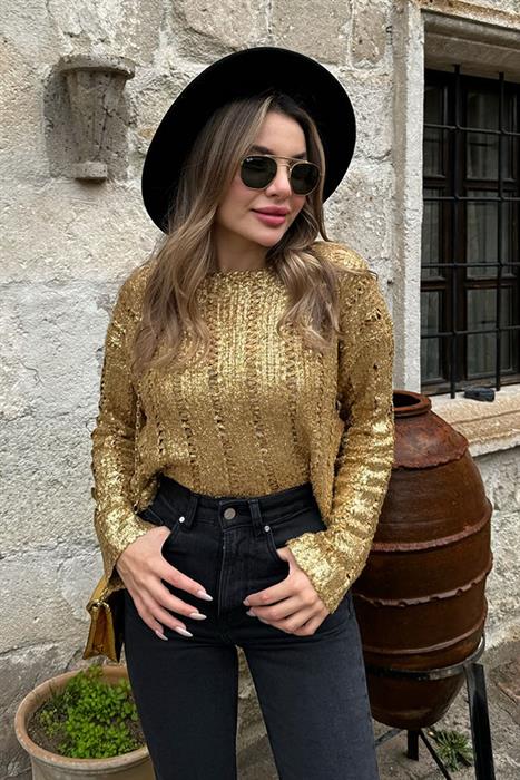 Jade Gold Parıltılı Delikli Kazak