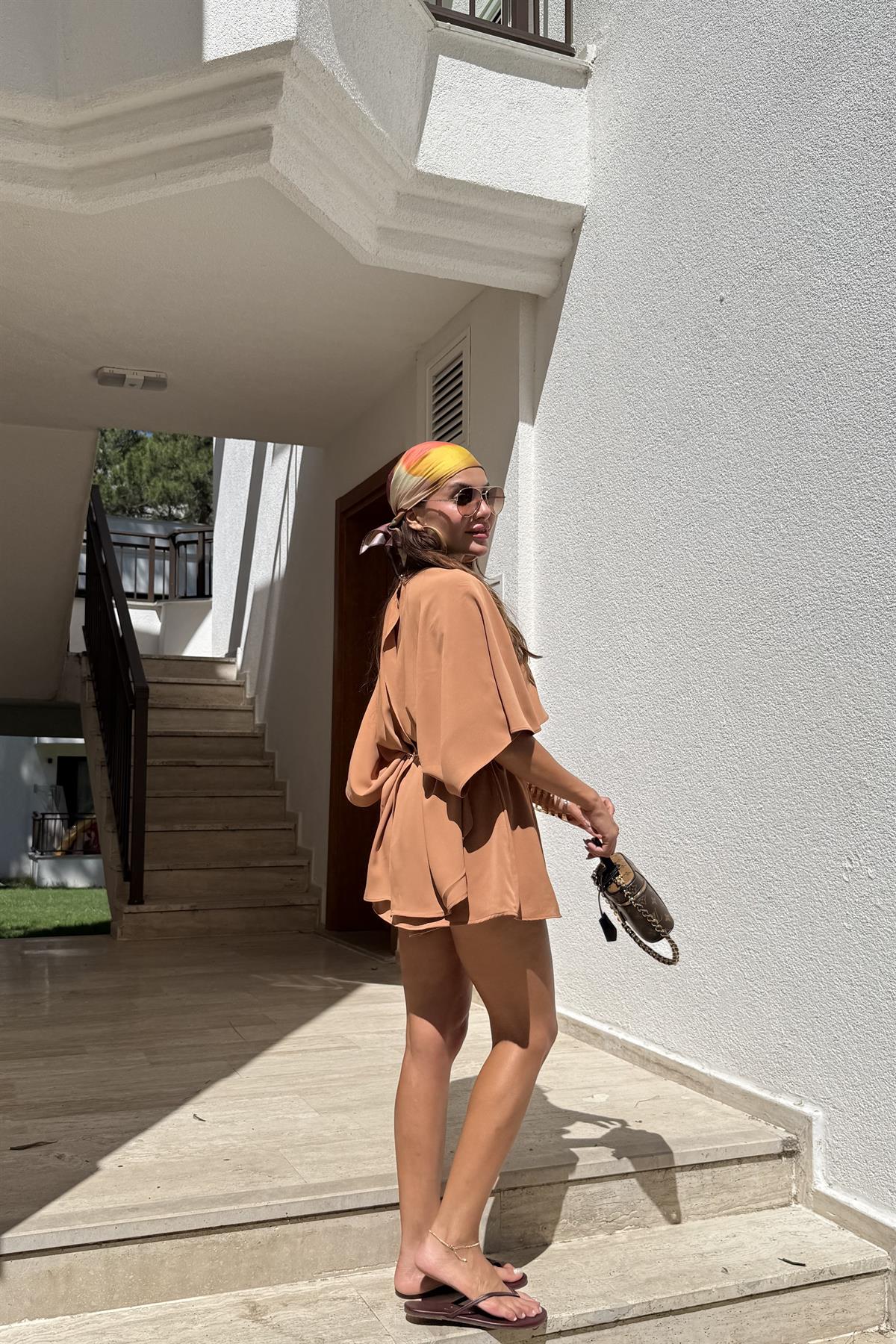 Jadira Kahve Üçlü Şort Etekli Tasarım Takım