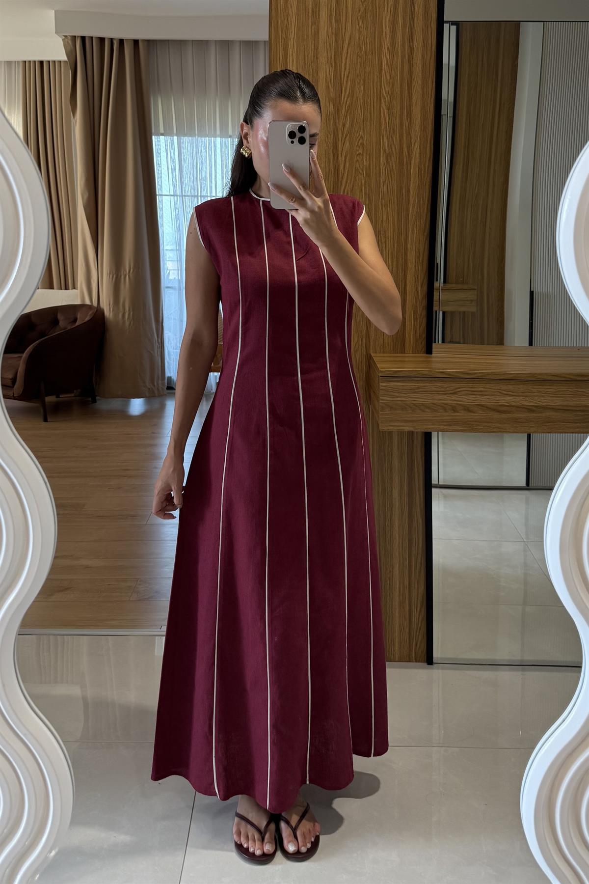 Jadore Bordo Biyeli Keten Elbise 