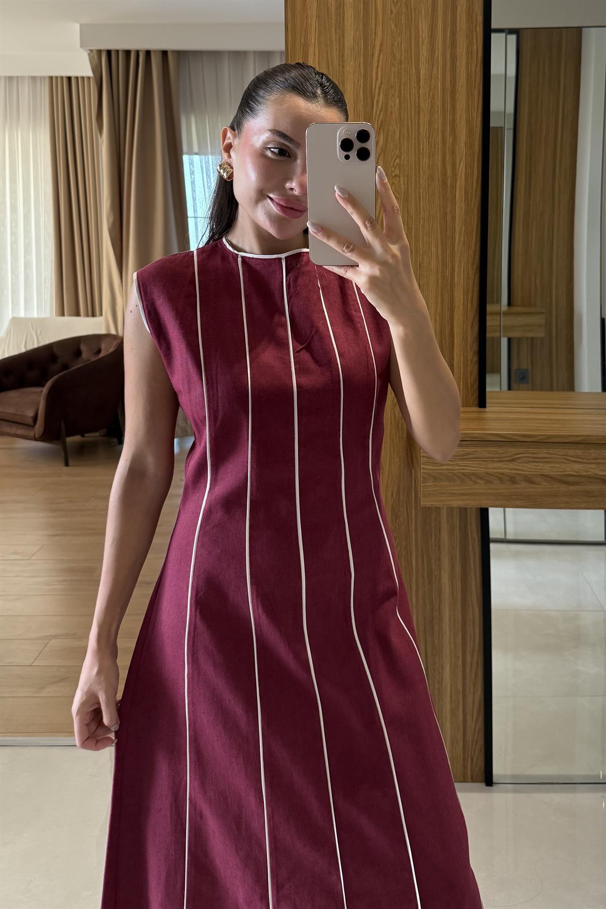 Jadore Bordo Biyeli Keten Elbise 