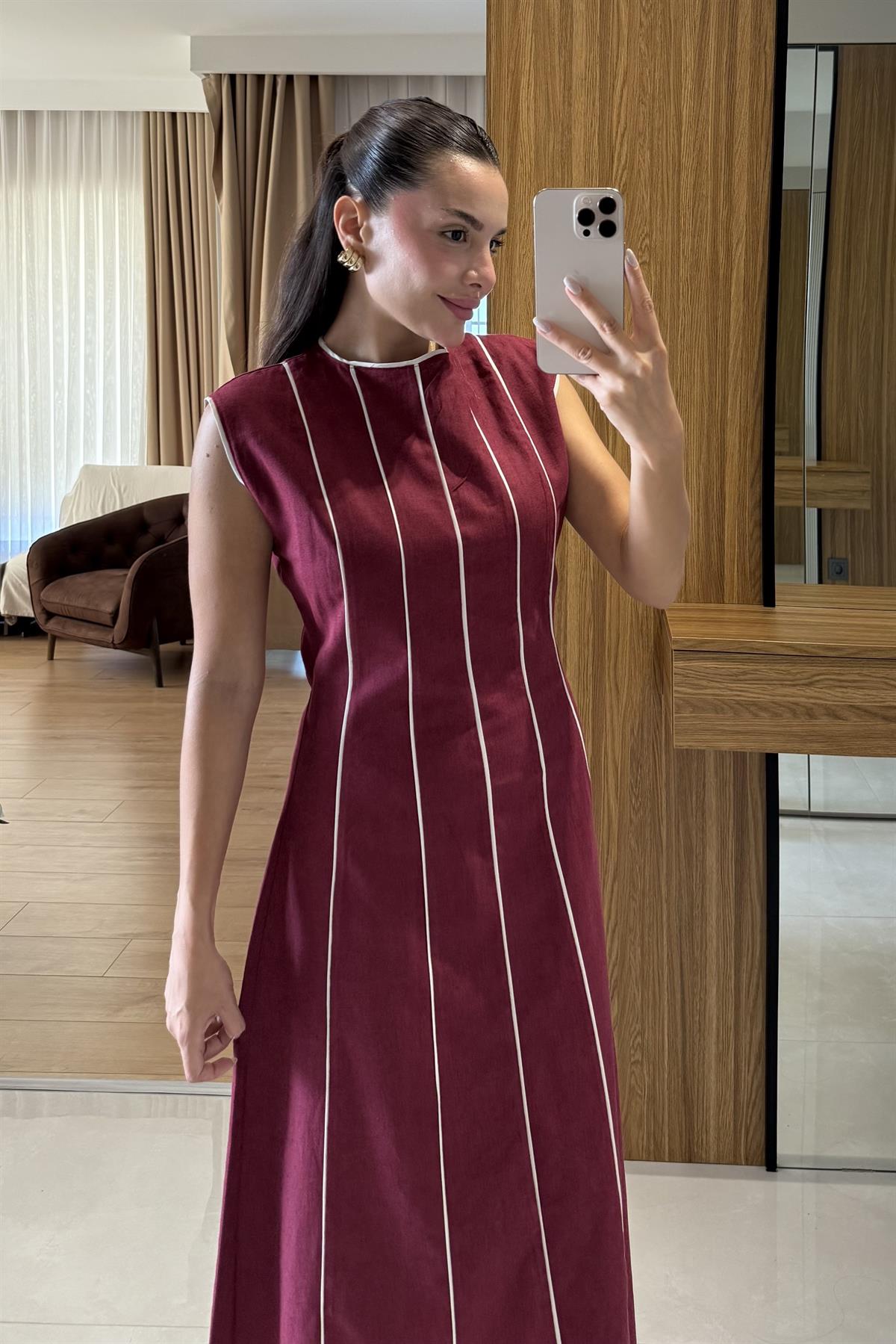 Jadore Bordo Biyeli Keten Elbise 