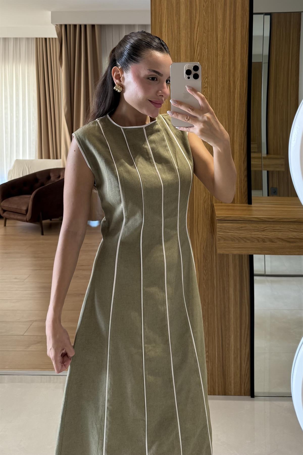 Jadore Haki Biyeli Keten Elbise 