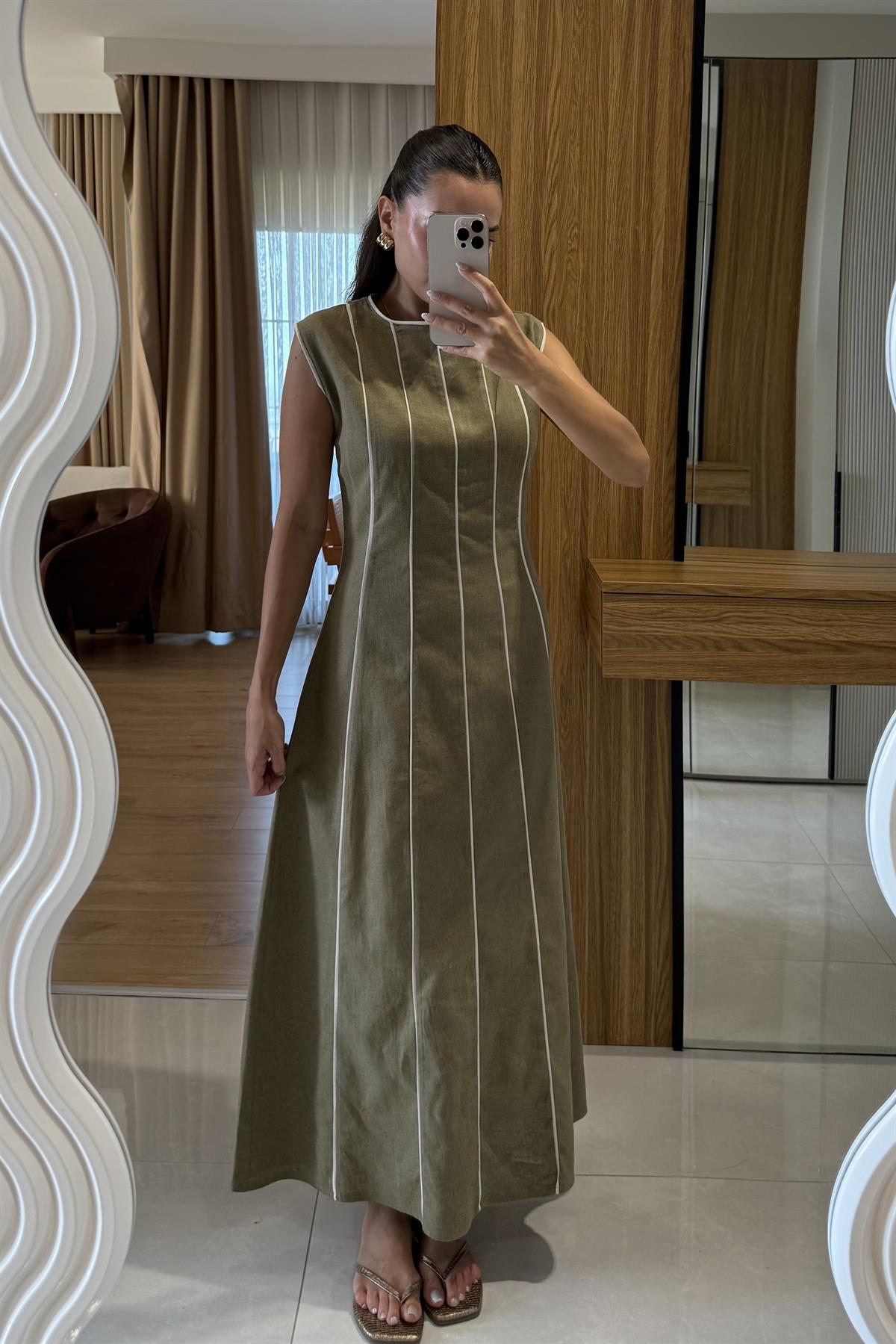 Jadore Haki Biyeli Keten Elbise 