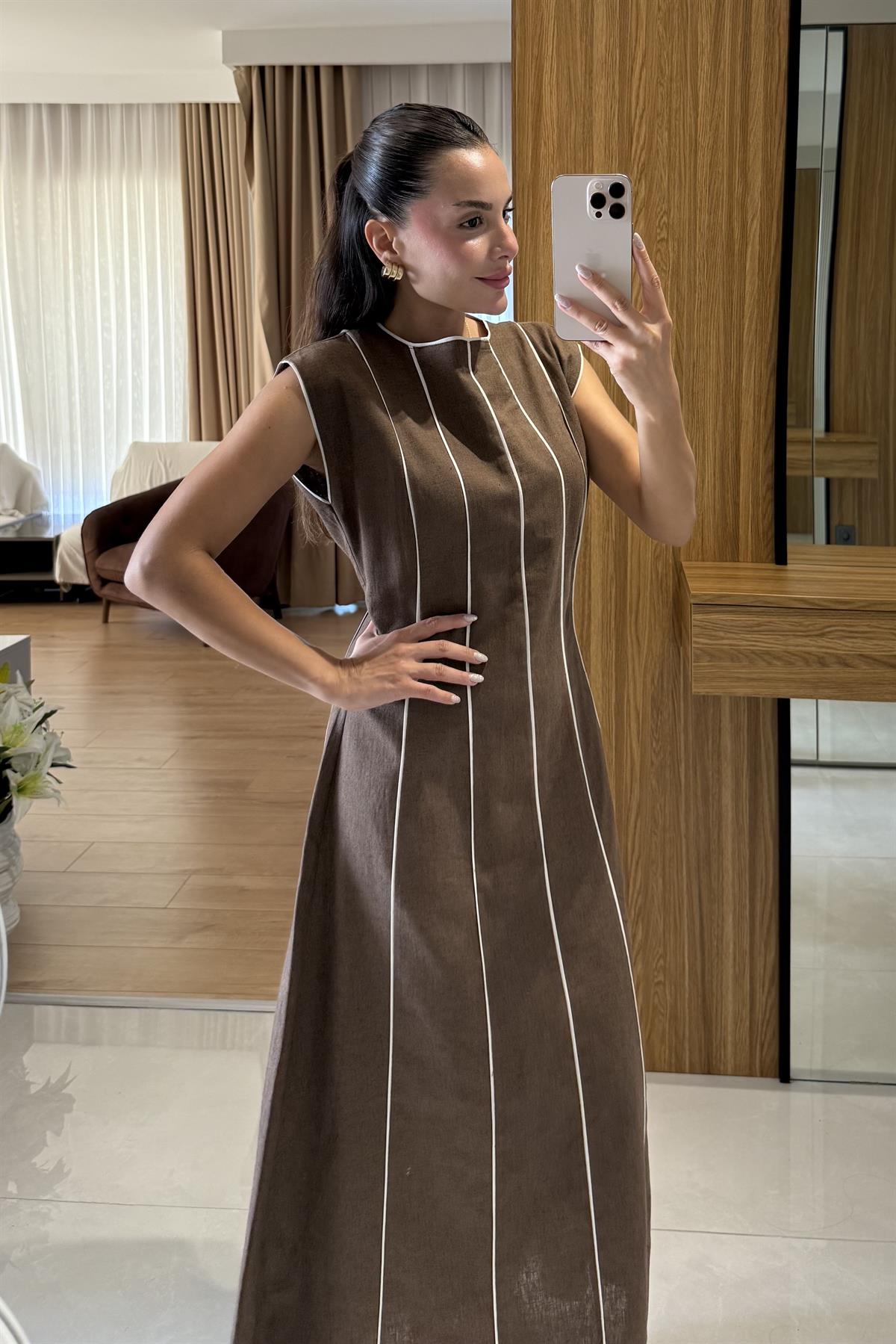 Jadore Kahve Biyeli Keten Elbise 