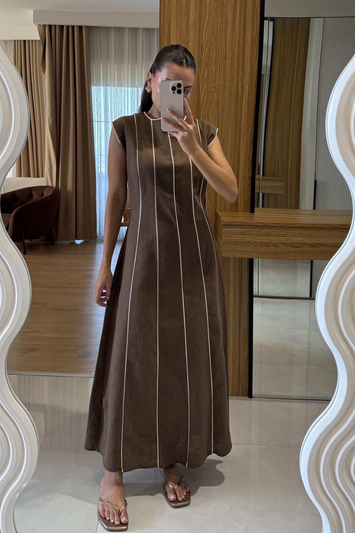 Jadore Kahve Biyeli Keten Elbise 