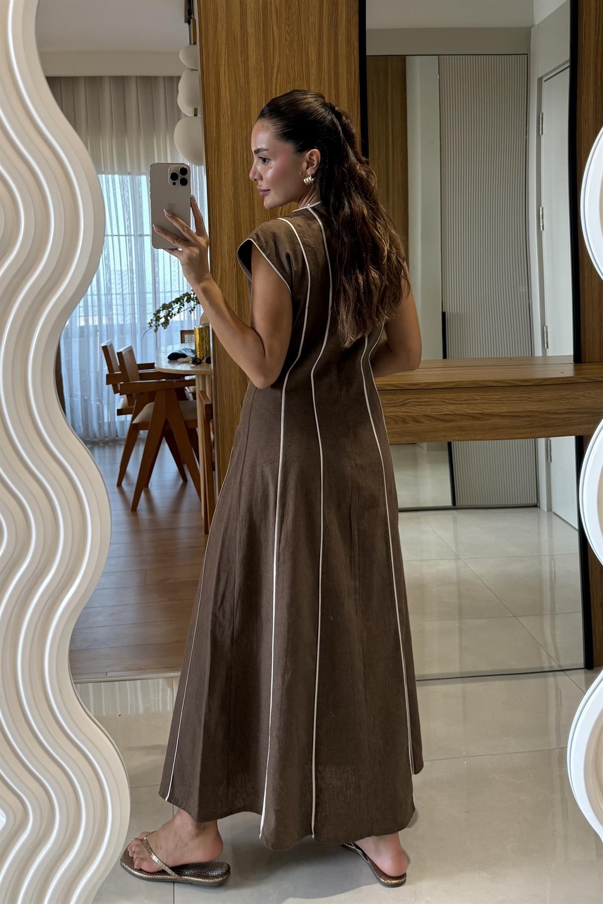 Jadore Kahve Biyeli Keten Elbise 