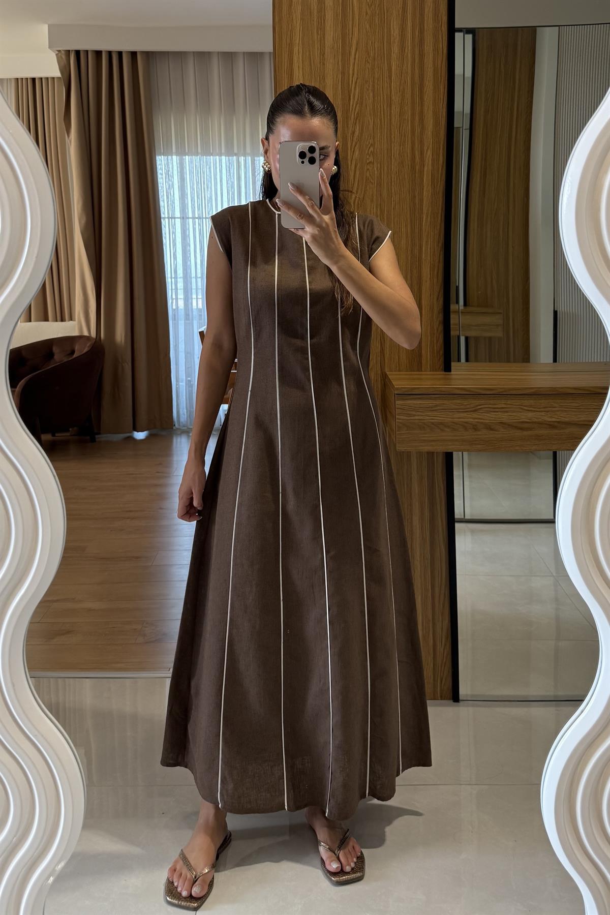 Jadore Kahve Biyeli Keten Elbise 