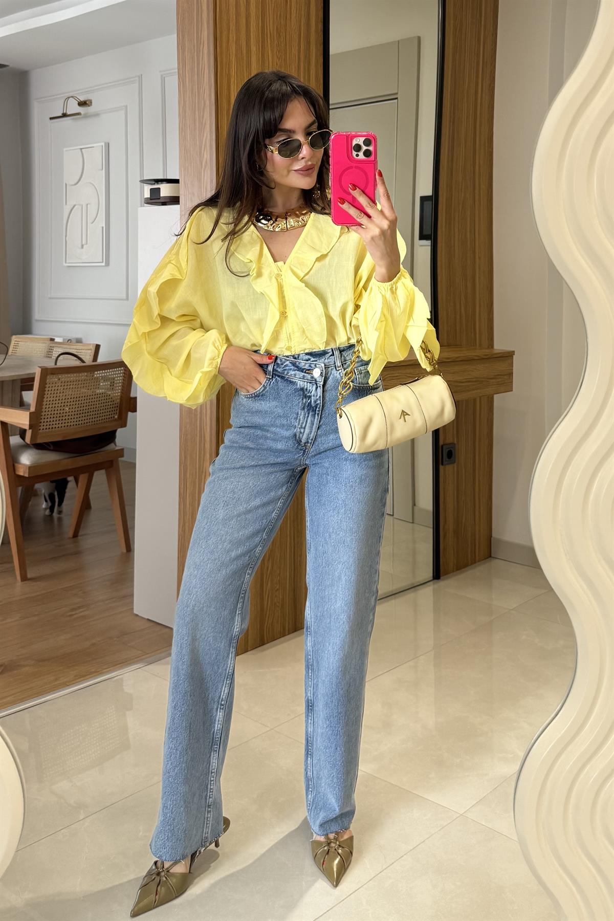 Jamaika Çapraz Düğmeli Midblue Jean