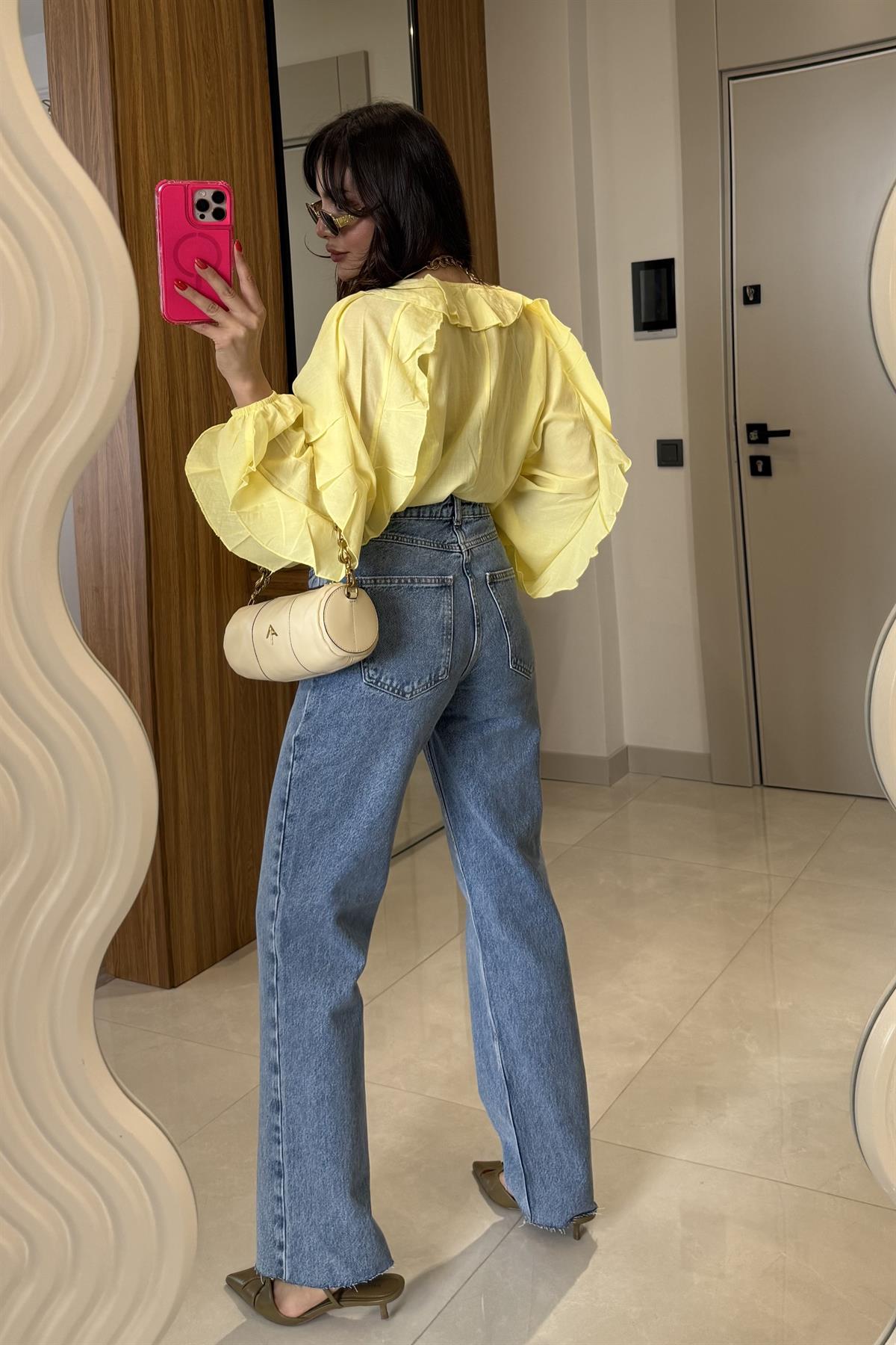 Jamaika Çapraz Düğmeli Midblue Jean