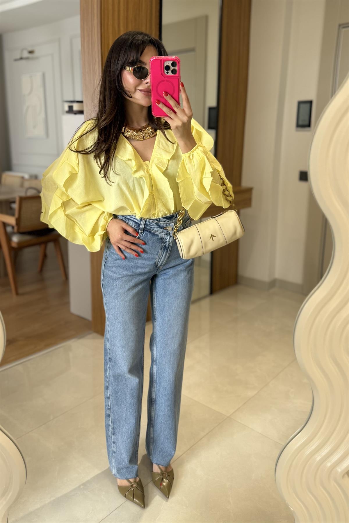 Jamaika Çapraz Düğmeli Midblue Jean