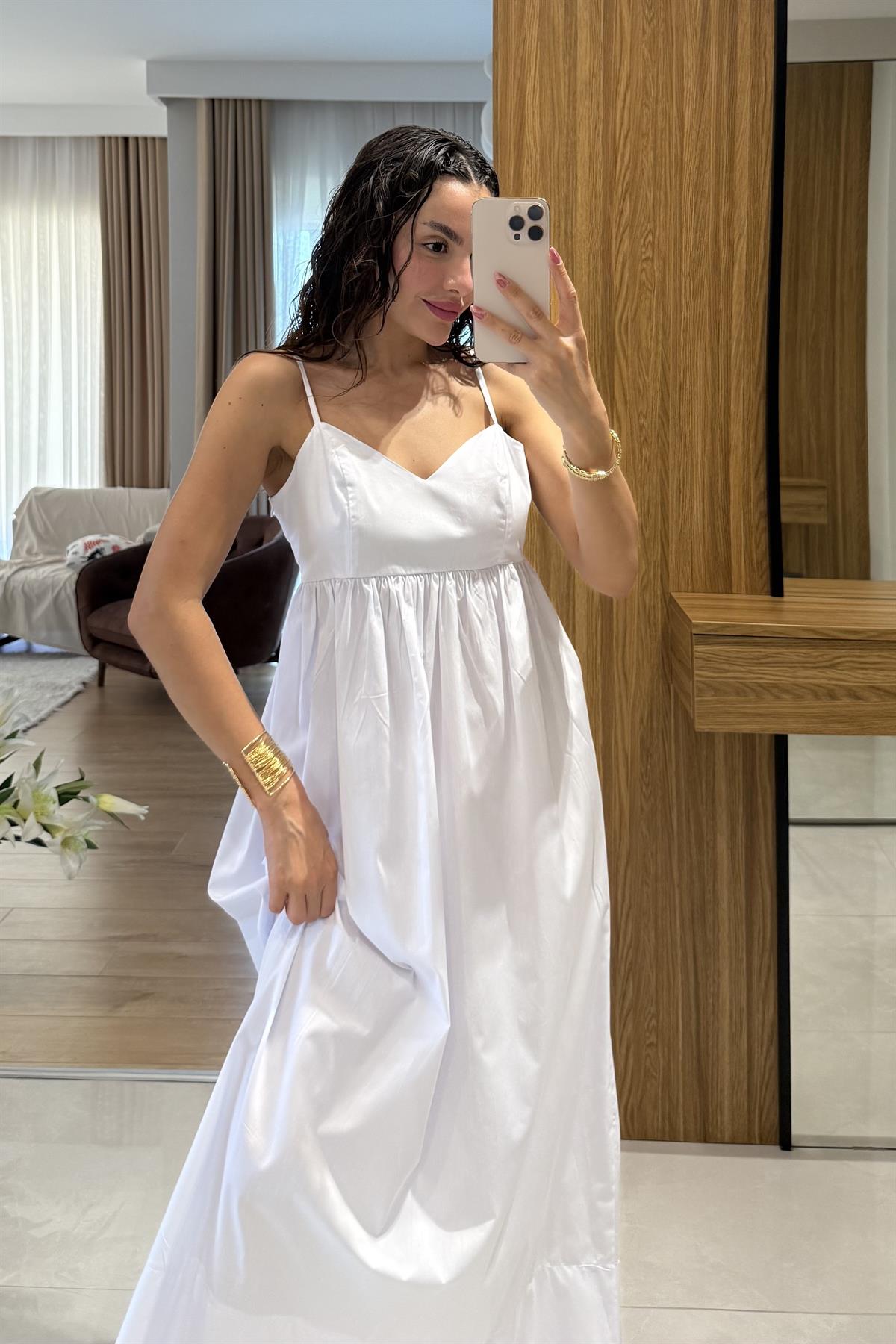 Jamile Beyaz Askılı Poplin Elbise 