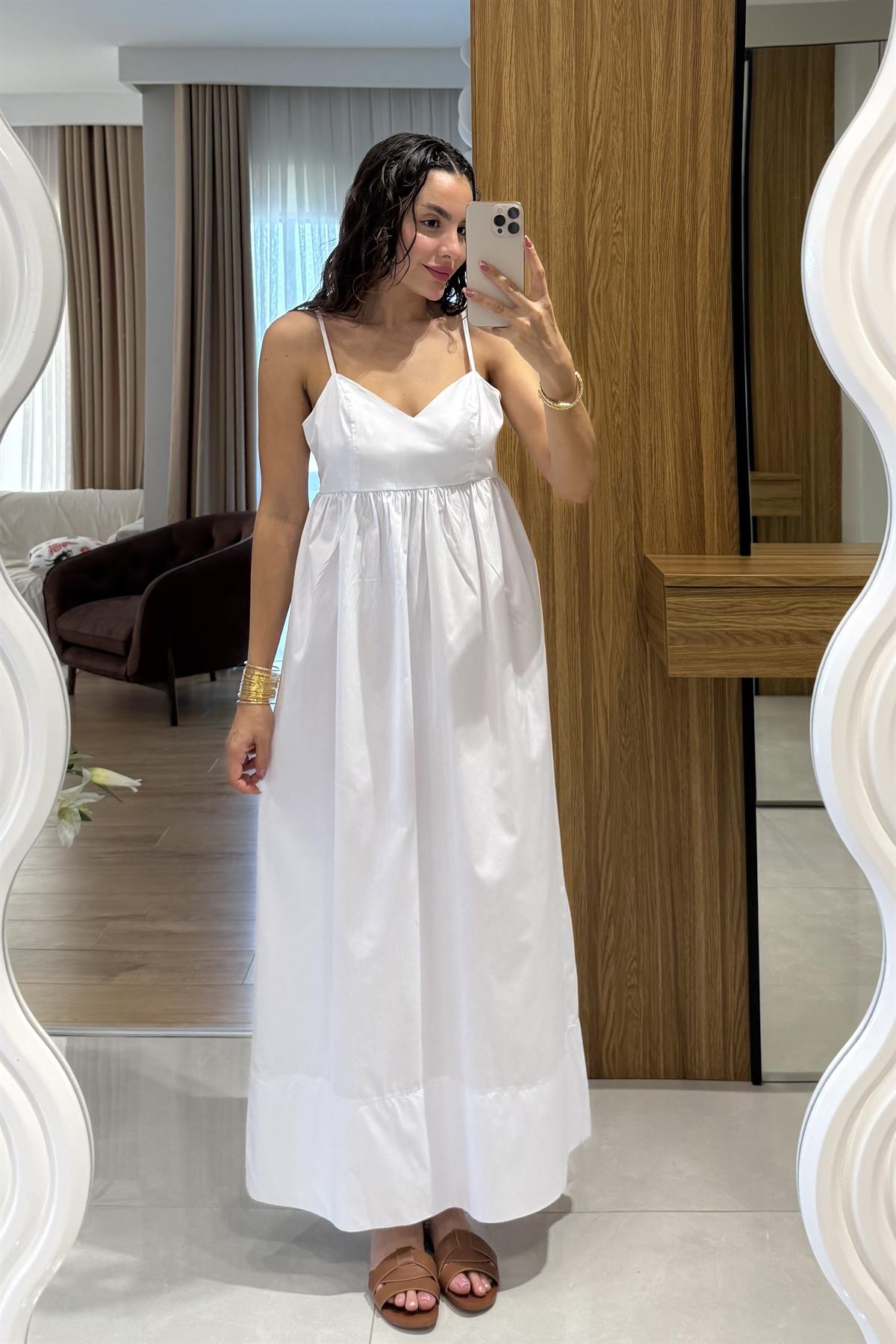 Jamile Beyaz Askılı Poplin Elbise 