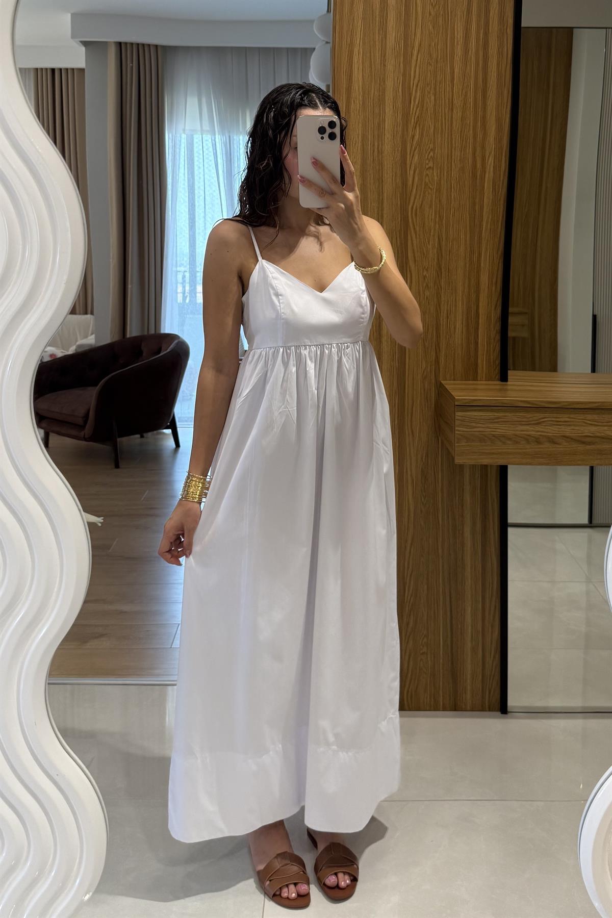 Jamile Beyaz Askılı Poplin Elbise 