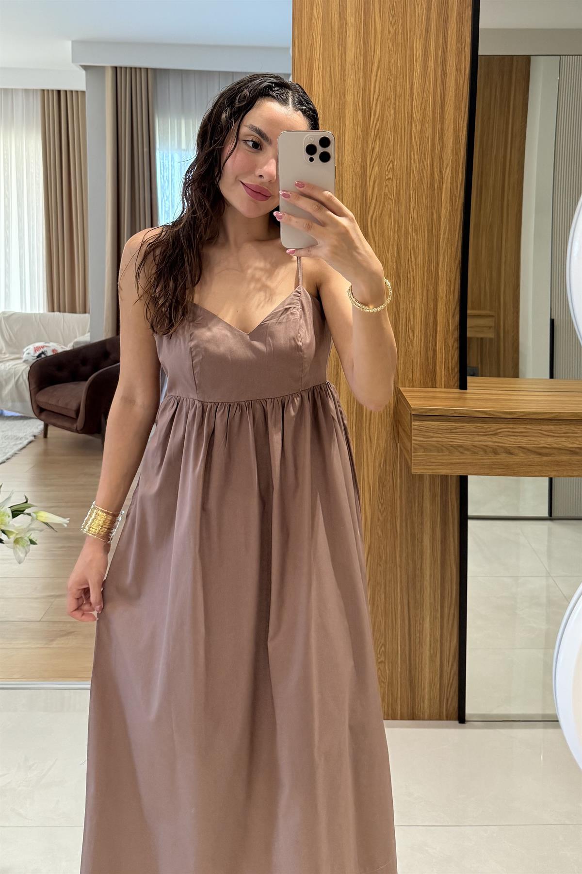 Jamile Kahve Askılı Poplin Elbise 