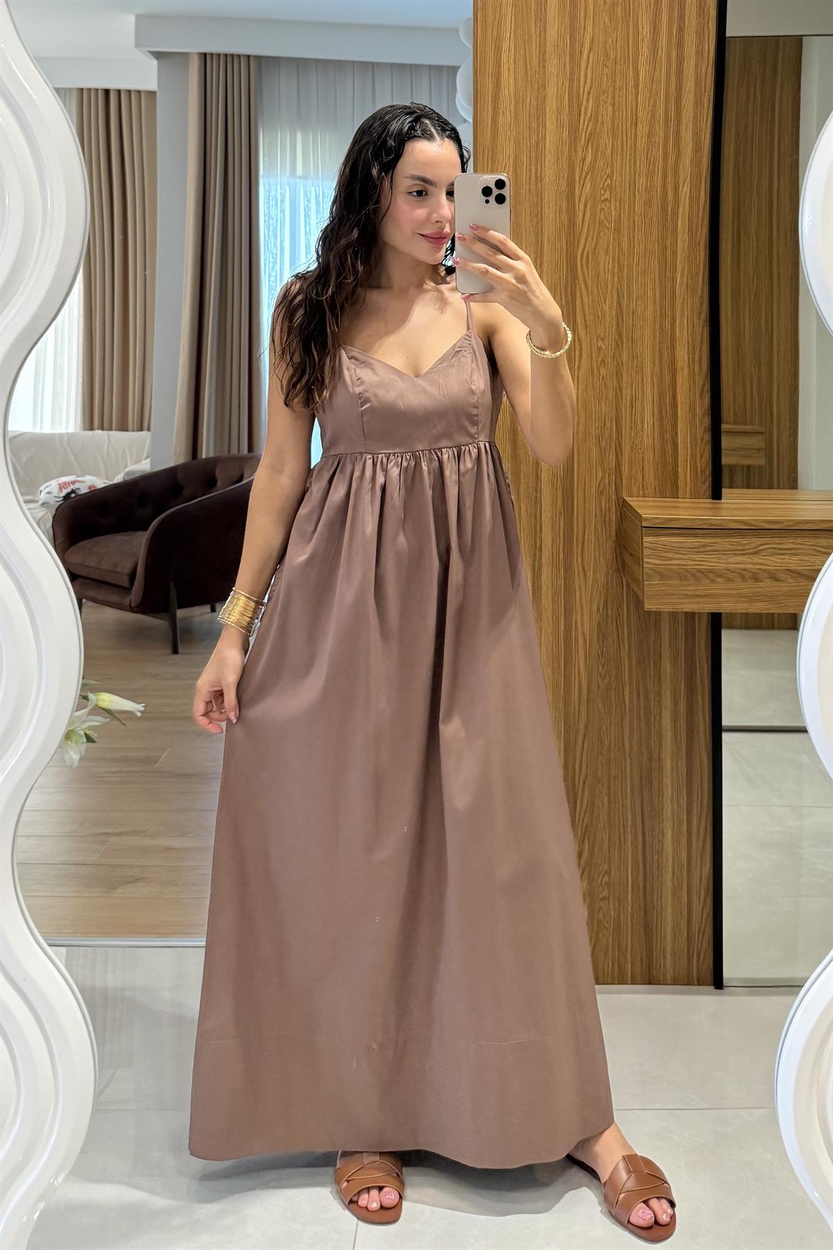 Jamile Kahve Askılı Poplin Elbise 