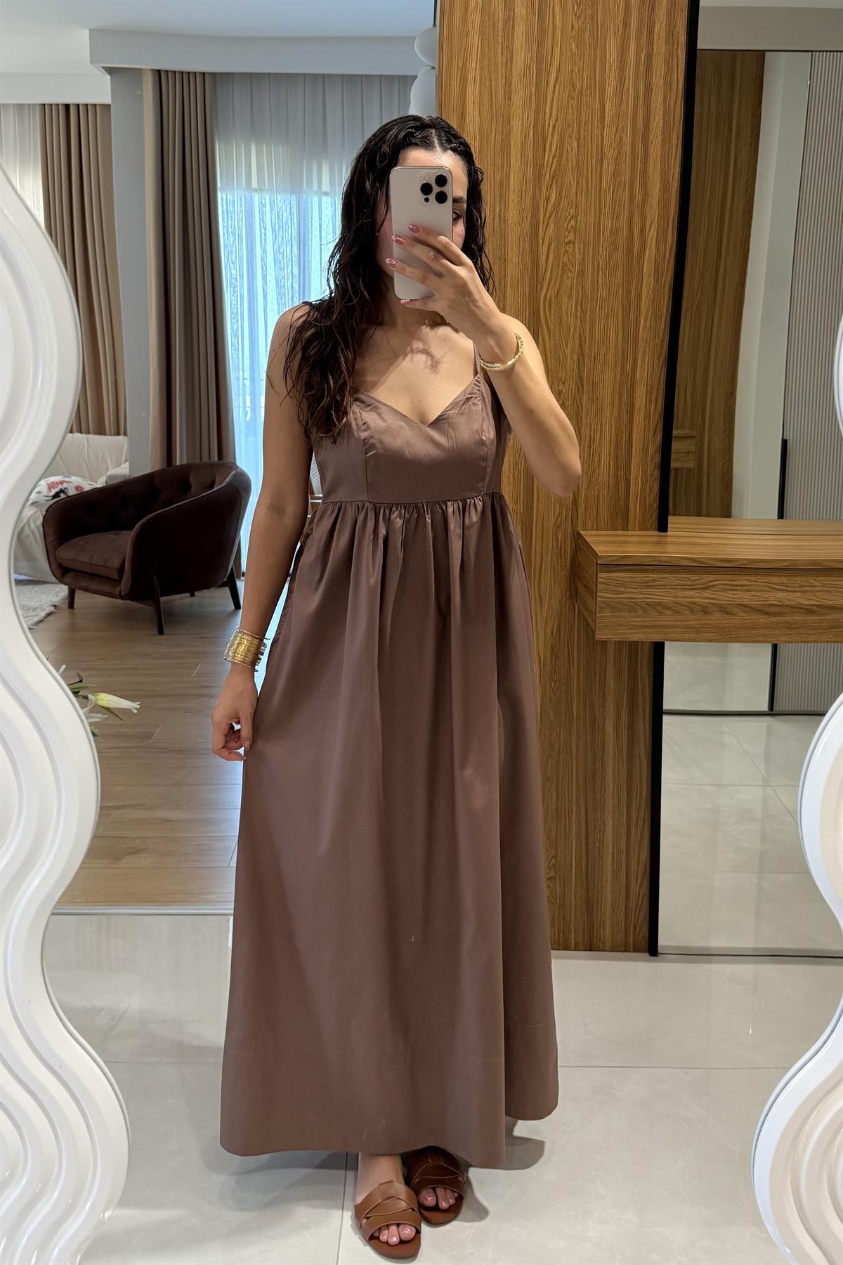 Jamile Kahve Askılı Poplin Elbise 