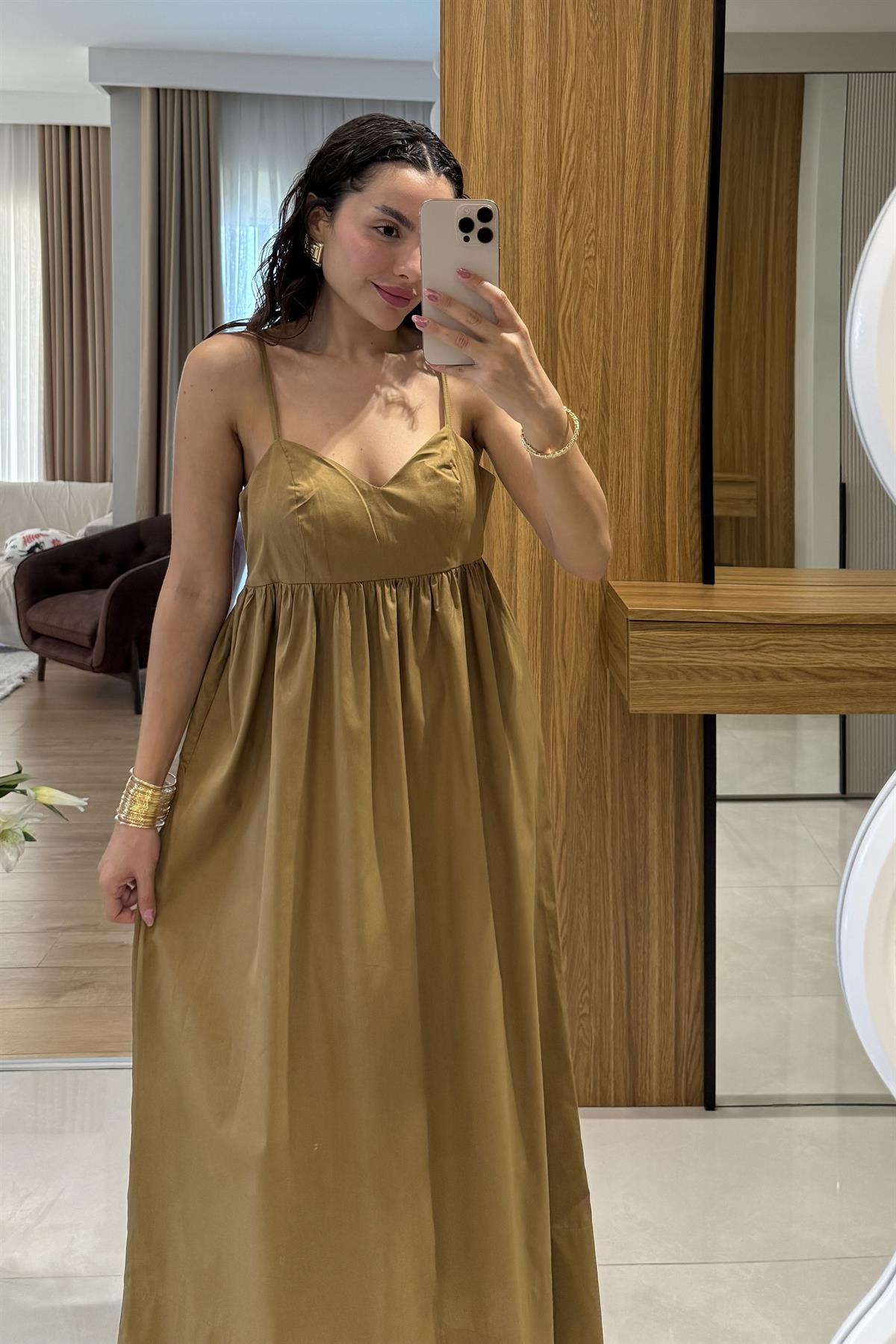 Jamile Olive Askılı Poplin Elbise 