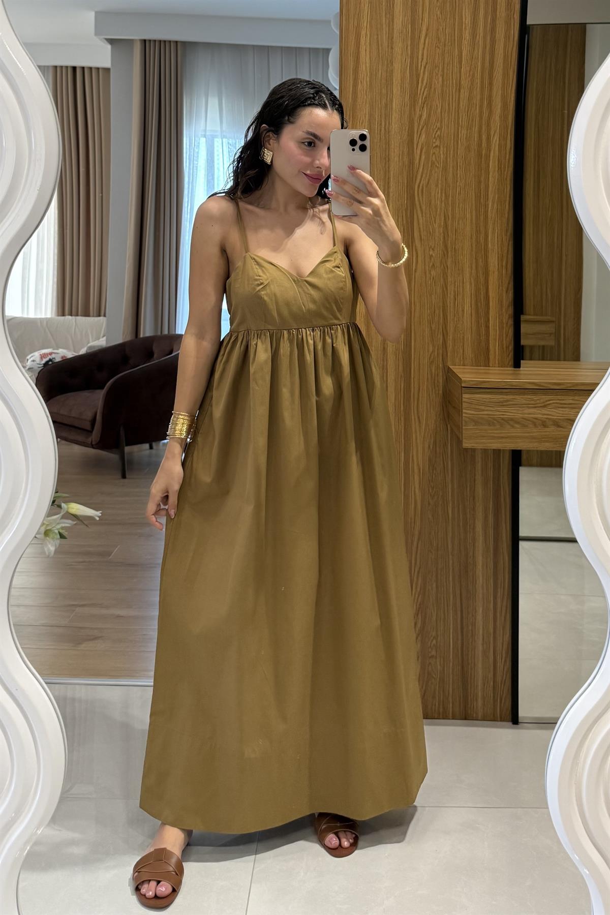 Jamile Olive Askılı Poplin Elbise 