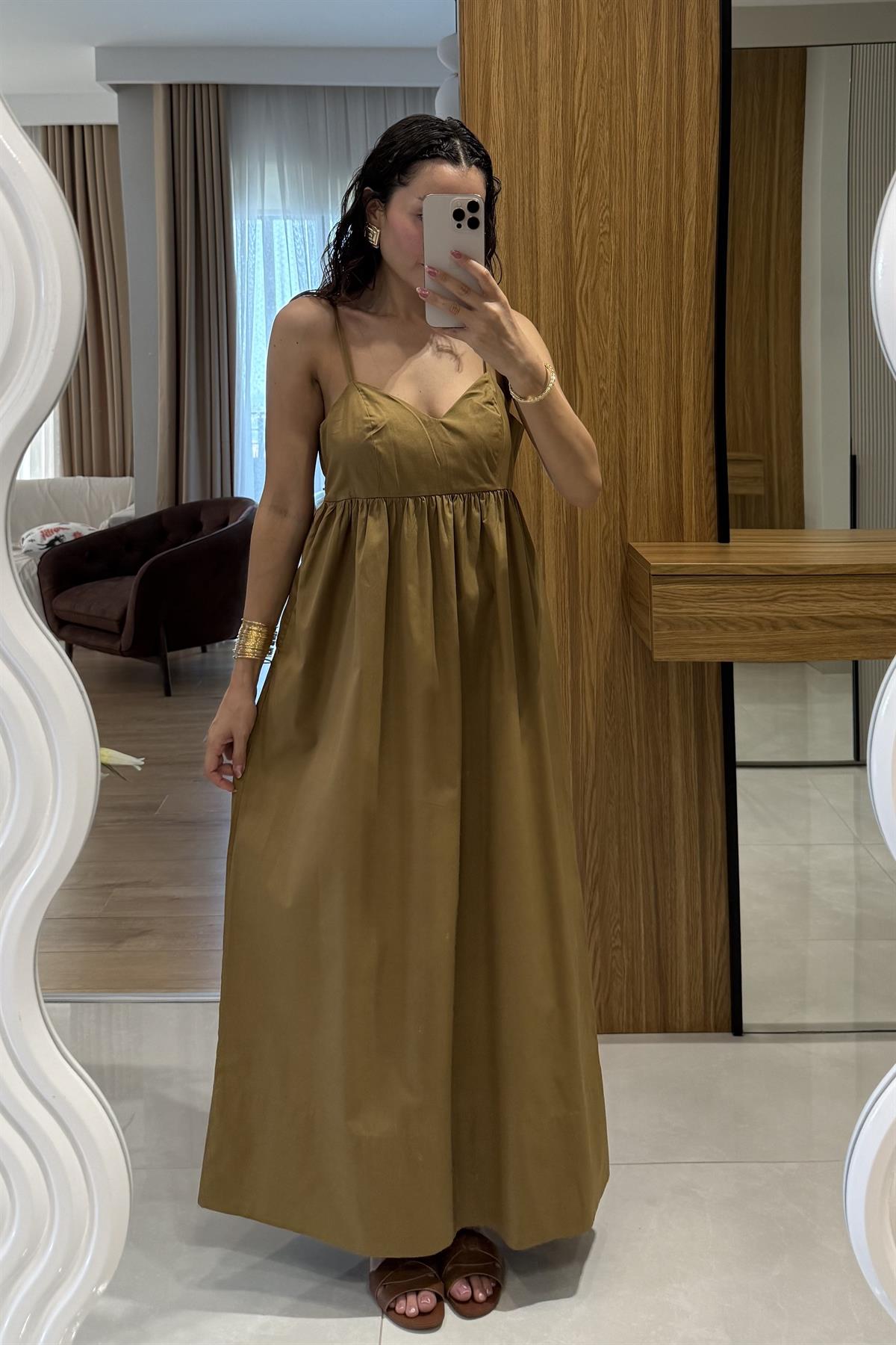 Jamile Olive Askılı Poplin Elbise 