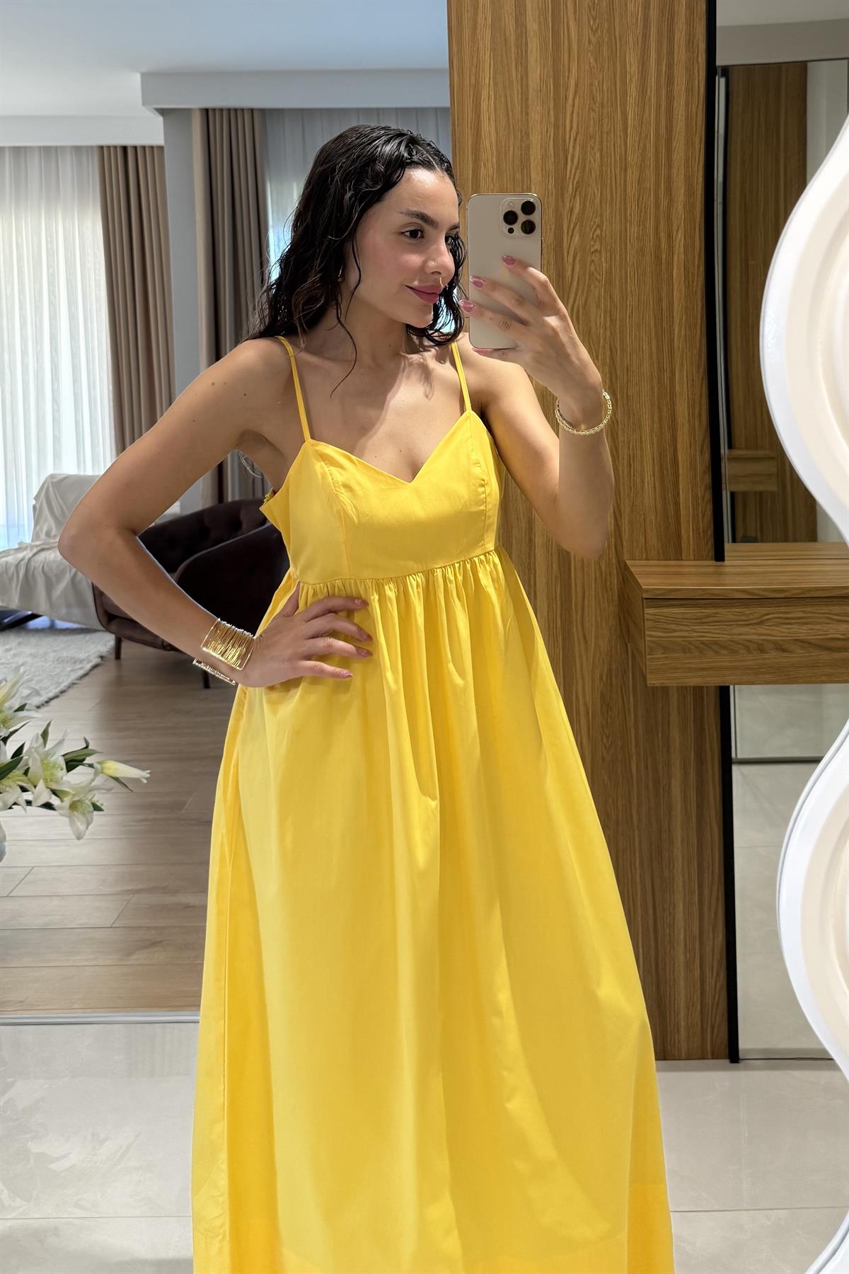 Jamile Sarı Askılı Poplin Elbise 
