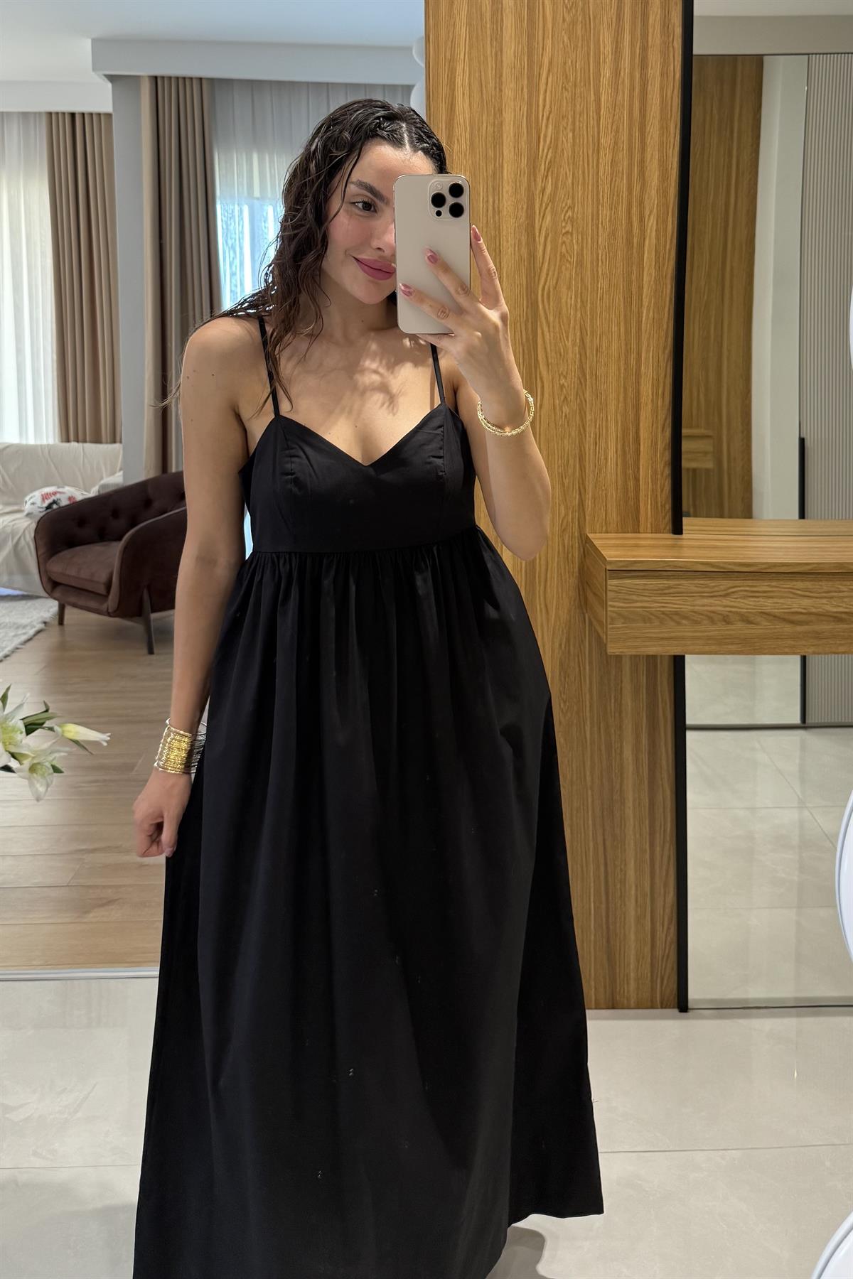 Jamile Siyah Askılı Poplin Elbise 