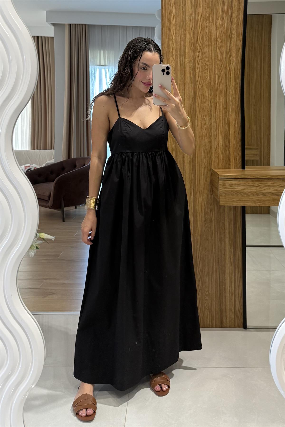 Jamile Siyah Askılı Poplin Elbise 