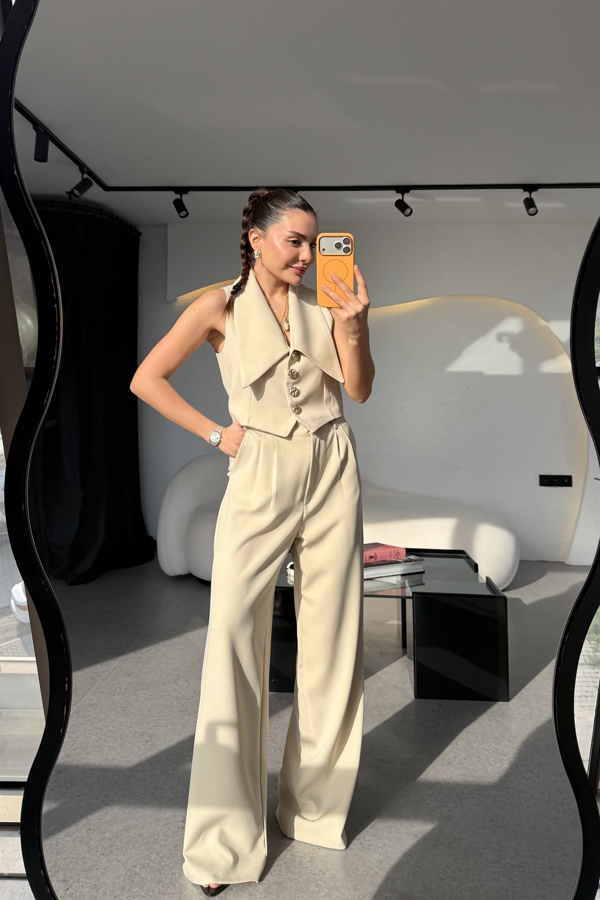 Jana Bej Gold Düğmeli Yelek Pantolon Takım