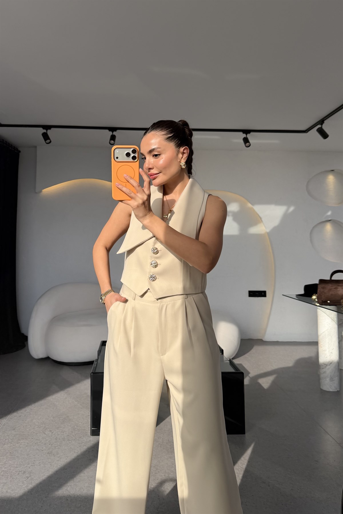 Jana Bej Gold Düğmeli Yelek Pantolon Takım