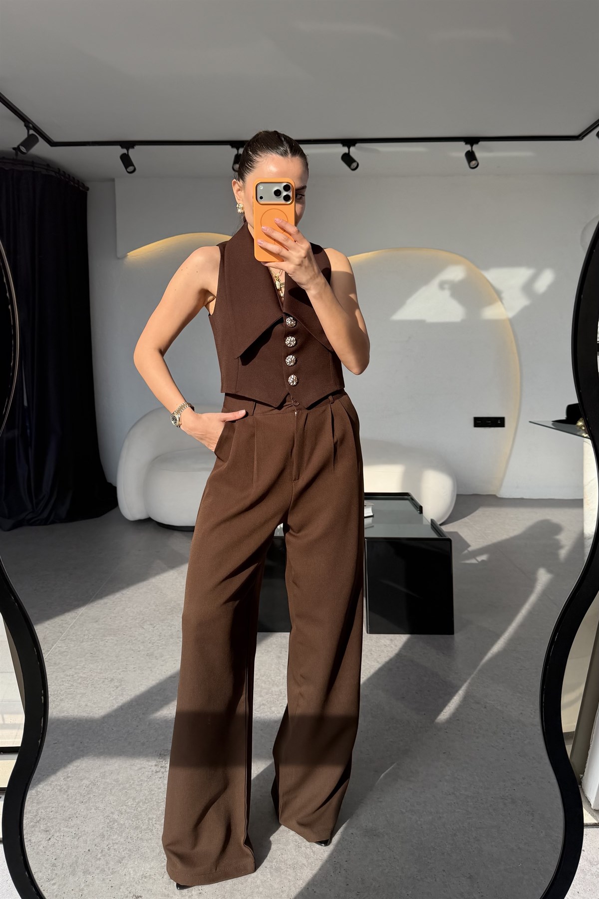 Jana Kahve Gold Düğmeli Yelek Pantolon Takım