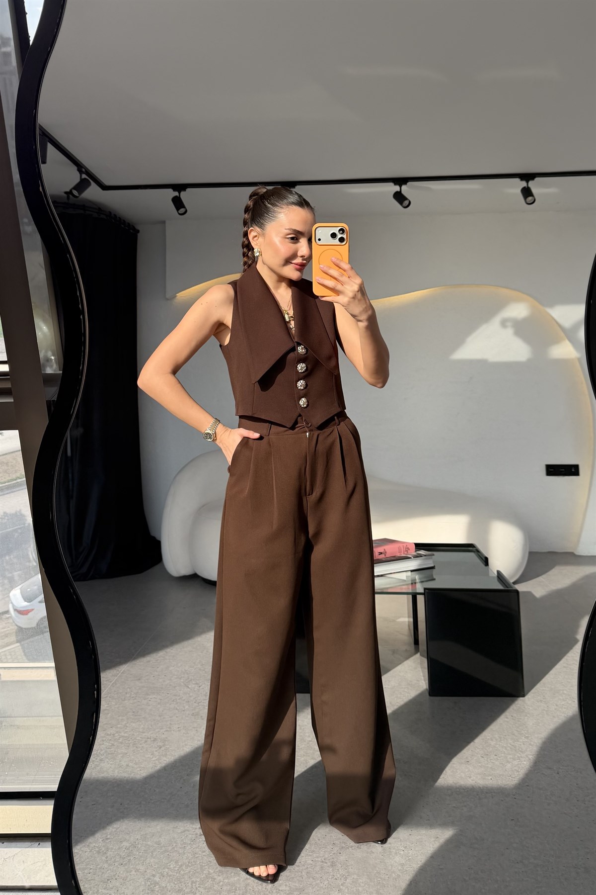 Jana Kahve Gold Düğmeli Yelek Pantolon Takım