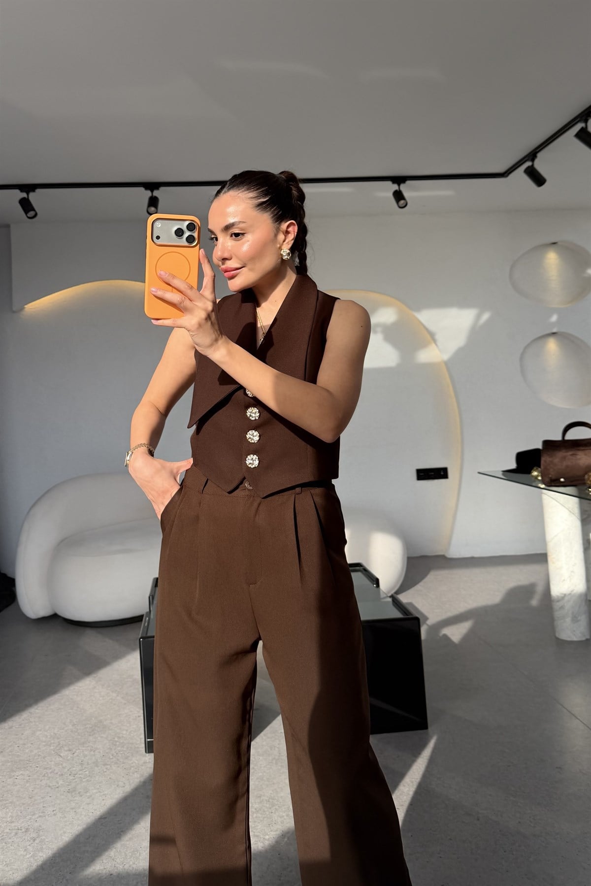 Jana Kahve Gold Düğmeli Yelek Pantolon Takım