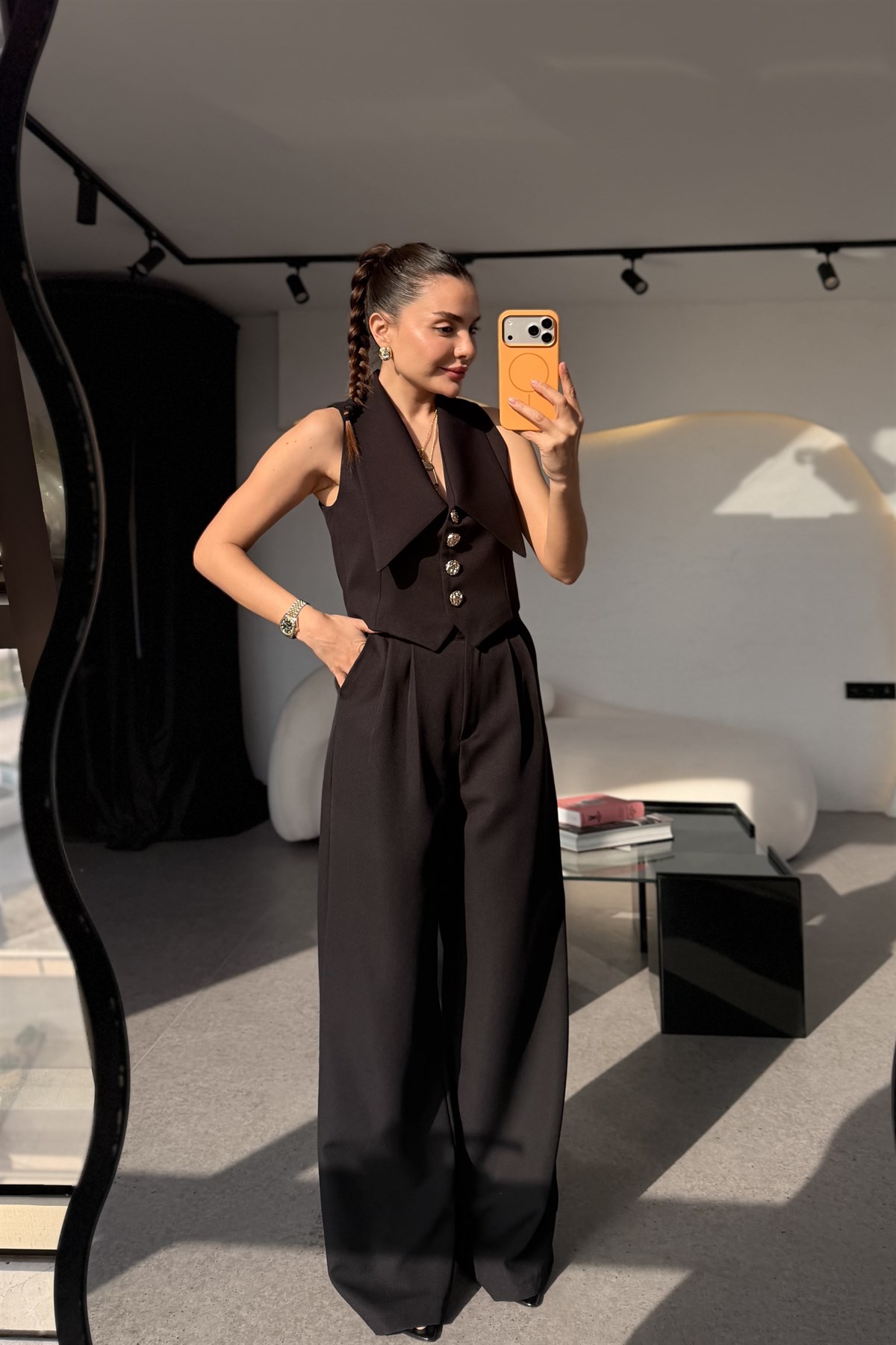 Jana Siyah Gold Düğmeli Yelek Pantolon Takım